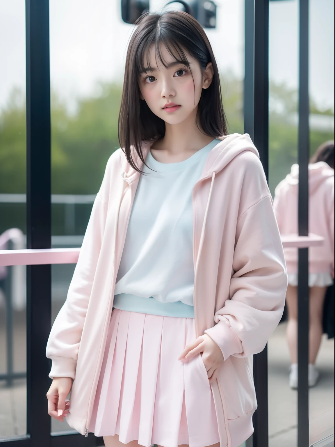 年轻，(Skirts in pastel colors)，Mokomoko's hoodie，teens girl，Delicate body，petite body，Delicate body，small tits，tiny chest，Short，A dark-haired，Very Longhair，a shower，An amusement park