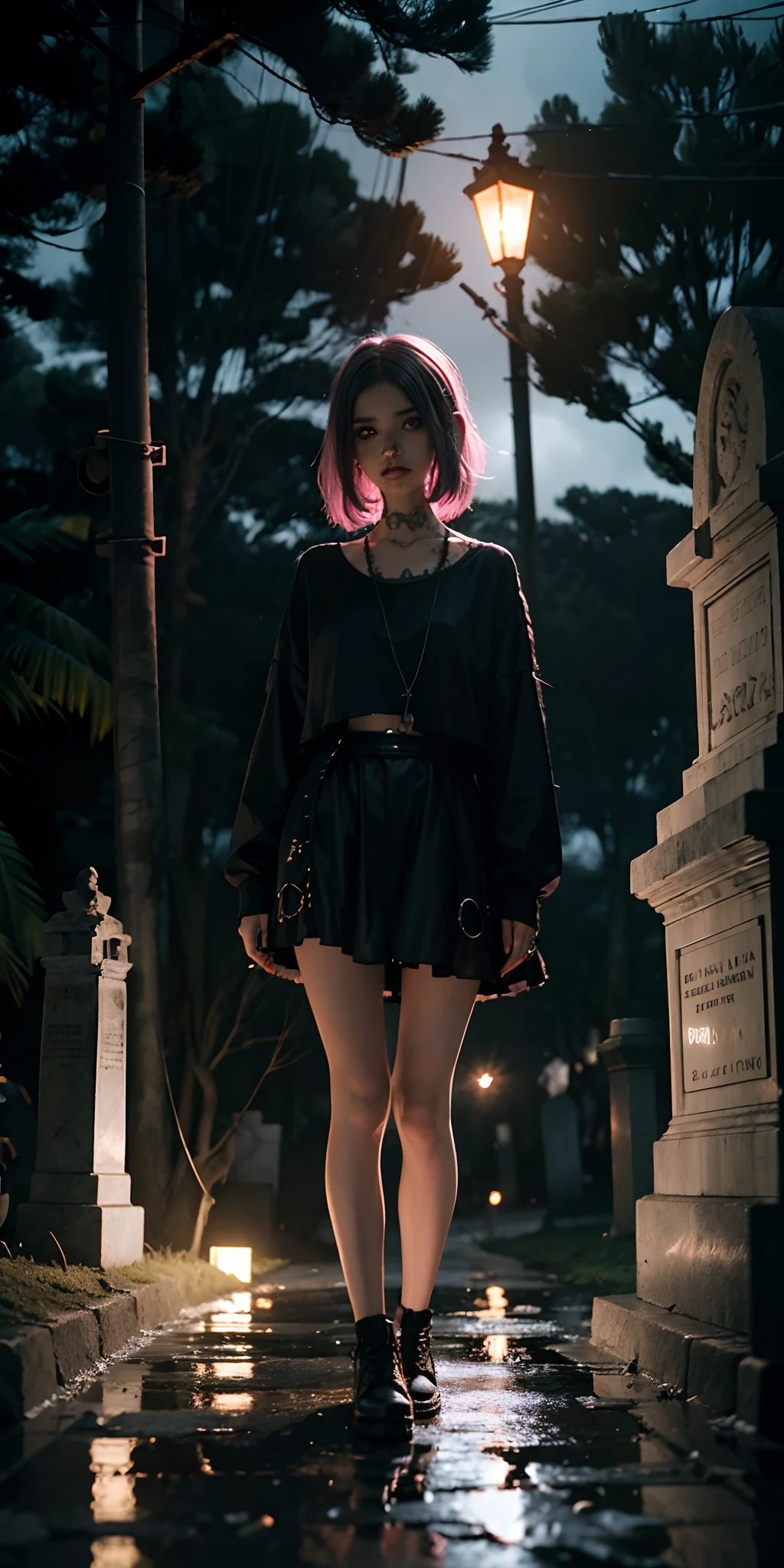 fotorrealista, melhor qualidade, obra-prima, Rainy cemetery, punk girl tema escuro, luz fraca, nether, chthonian, melancolia, elementos de luz neon