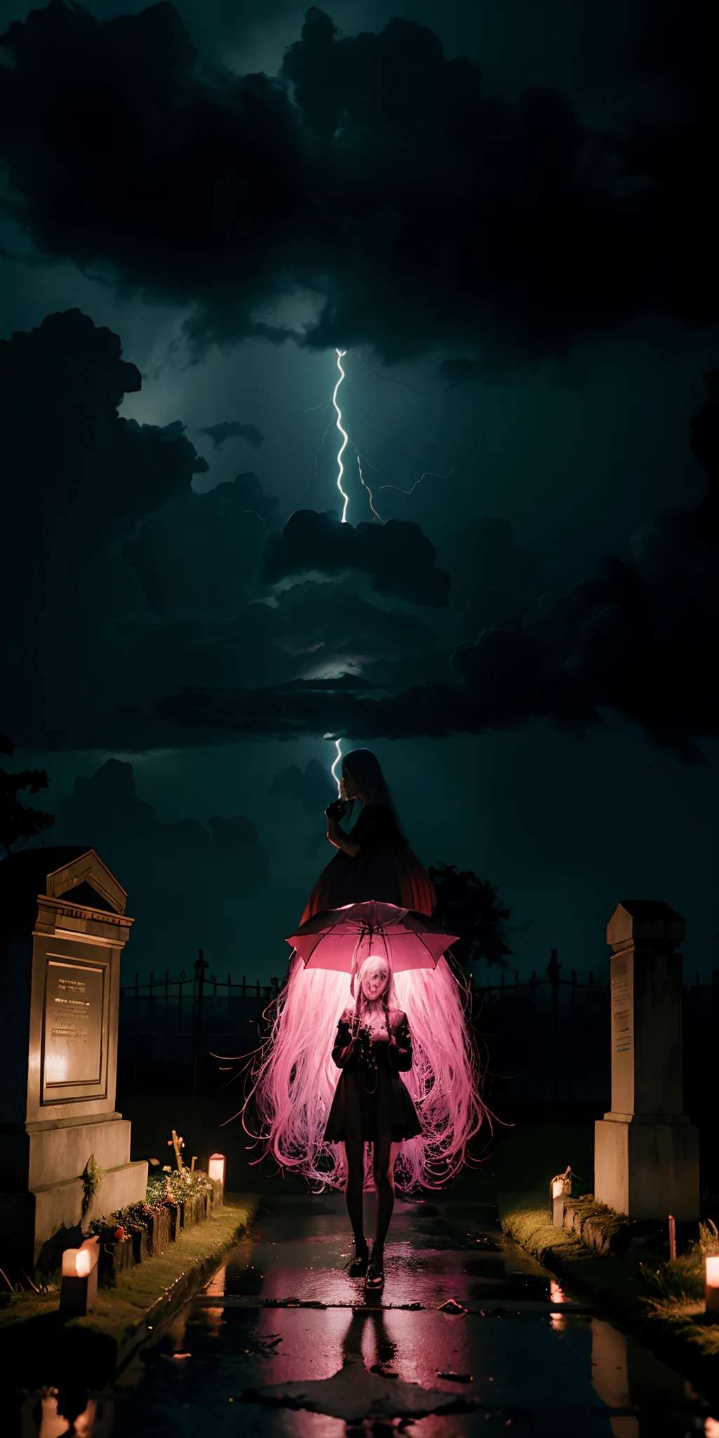 fotorrealista, melhor qualidade, obra-prima, Rainy cemetery, punk girl tema escuro, luz fraca, nether, chthonian, melancolia, elementos de luz neon