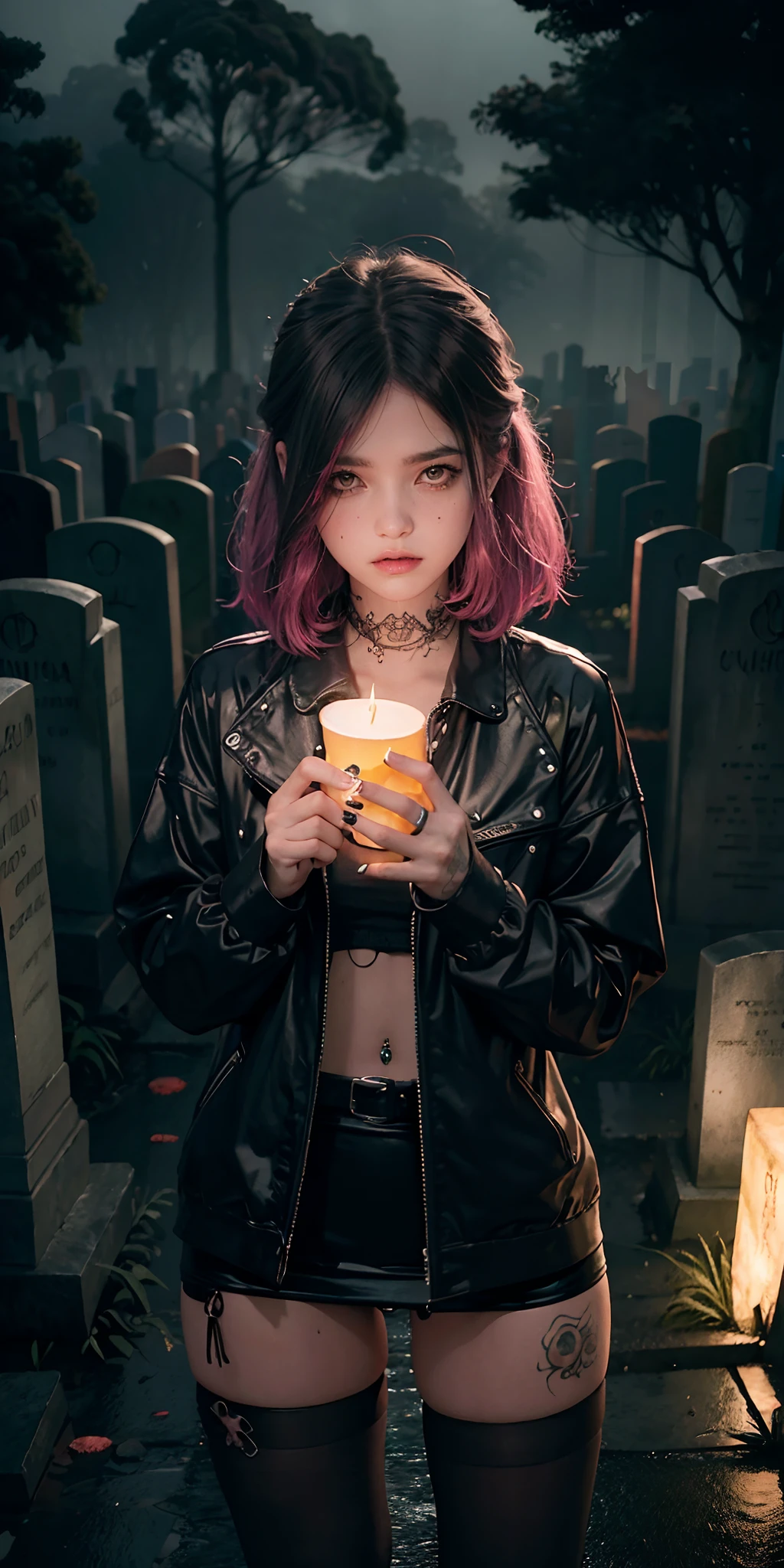 fotorrealista, melhor qualidade, obra-prima, Rainy cemetery, punk girl tema escuro, luz fraca, nether, chthonian, melancolia, elementos de luz neon