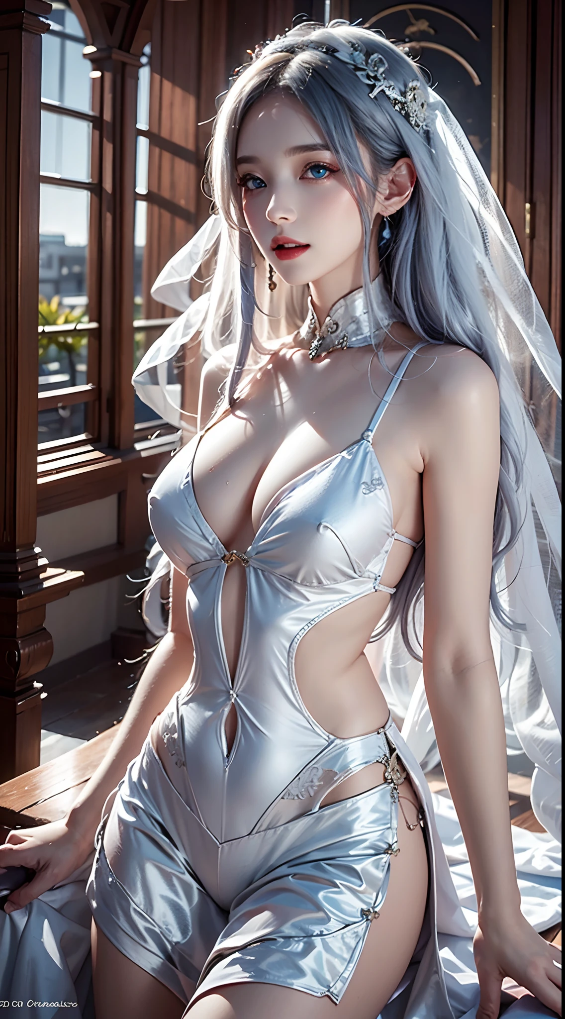 photorealistic, high resolution, soft lights, 1women, solo, hips up, (blue eyes, long hair, white hair), wedding dress, bridal dress