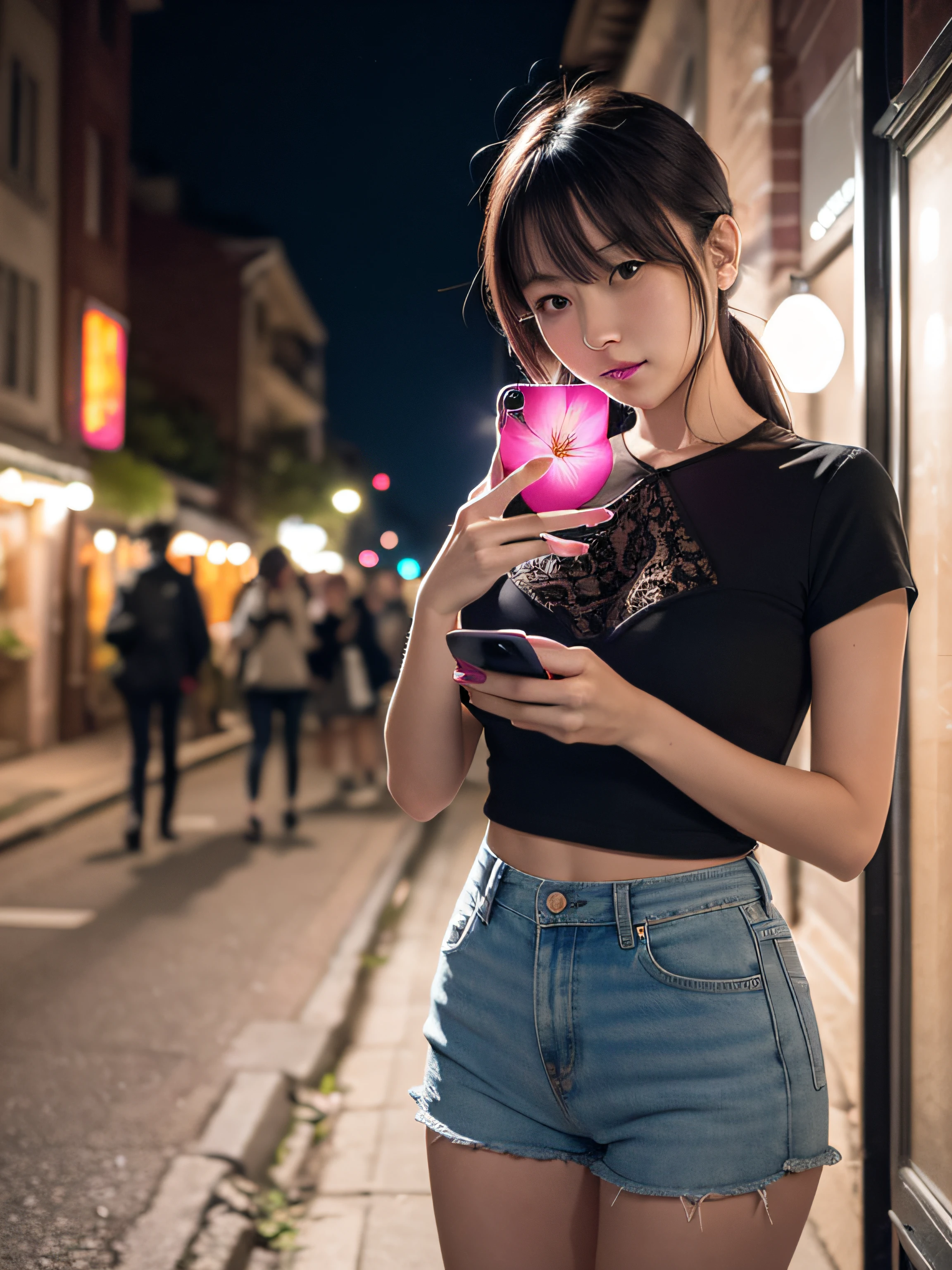 Beautiful woman, Street at night with lights, Fiddling with your phone, Hot Pants, fragrant pink flowers, Passers-by, Night gradient, Fine details, Subtle tones, On-screen silence.