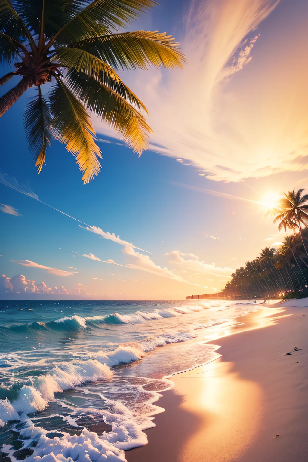 (best quality,4k,highres,masterpiece:1.2),ultra-detailed,realistic,photorealistic,landscape,sunny day,sparkling water,on a beautiful beach,a wide expanse of ocean,bluesky,fluffy clouds,tranquil,relaxing,long sandy coastline with gentle waves,HDR,vivid colors,sunlight shimmering on the water,crystal clear water,white foam on the waves,seagulls flying in the distance,swaying palm trees along the beach,soft golden sand,gentle sea breeze,serene atmosphere