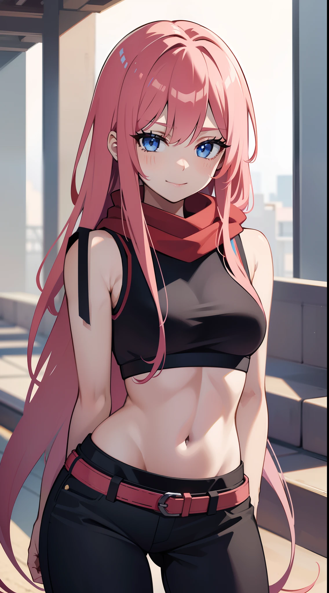 young girl, long pink hair, Iroquois hairstyle, blue eyes, smirk, Black tight top, red tight pants, open belly, Sleeveless, a scarf, Masterpiece, hiquality, 4k, HD, Good detail