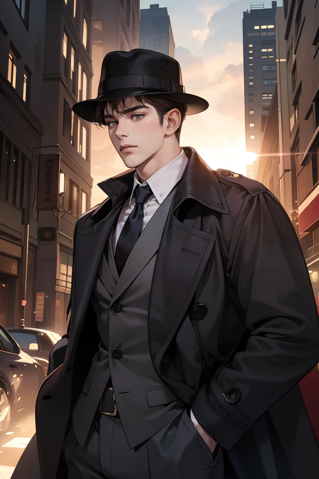 masterpiece, best quality, realistic, 1man, mature male, quiet and charming young man, 25 years old, close his eyes, serious look, extremely detailed face, ((dark grey eyes)), ((short-right-swept dark brown hair)), [thick eyebrows], detective, int the city, ((Dressed in a classic overcoat and fedora hat)), cinematic lighting, looking at the audience, posture dynamics,