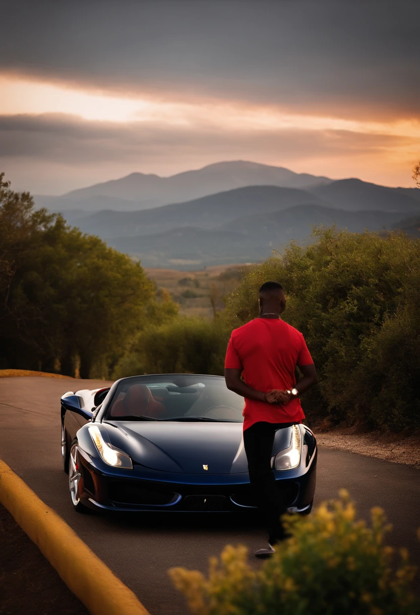 A man with a black complexion behind a Ferrari F430 Spider, behind a villaallure mannequin in a landscape people who take pictures of him