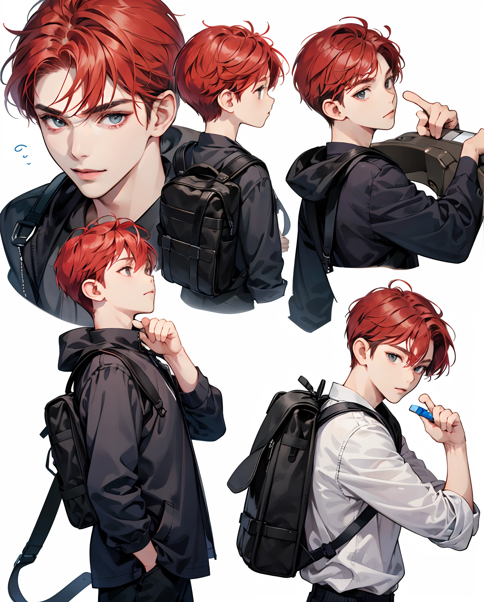 image of a 6 year old boy in illustration, in various expressions, adventurous, simple with white background.  Cute, short red hair, no backpack, and very charismatic.
