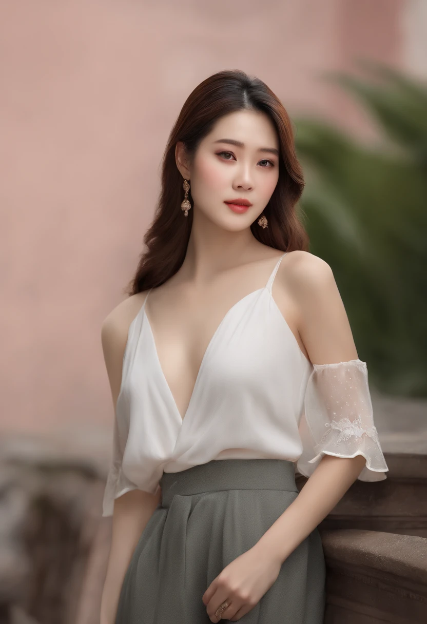 (best quality,4k,8k,highres,masterpiece:1.2),ultra-detailed,(realistic,photorealistic,photo-realistic:1.37),portrait,beautiful Asian girl,long hair,expressive eyes,plump lips,(bare shoulders:1.1),(pronounced collarbone:1.1),Asian model,Japanese style,Korean girl,trendy outfit,open-chest clothing,sophisticated makeup,pink blush,neutral background,soft lighting,vibrant colors,feminine,confident pose,city center