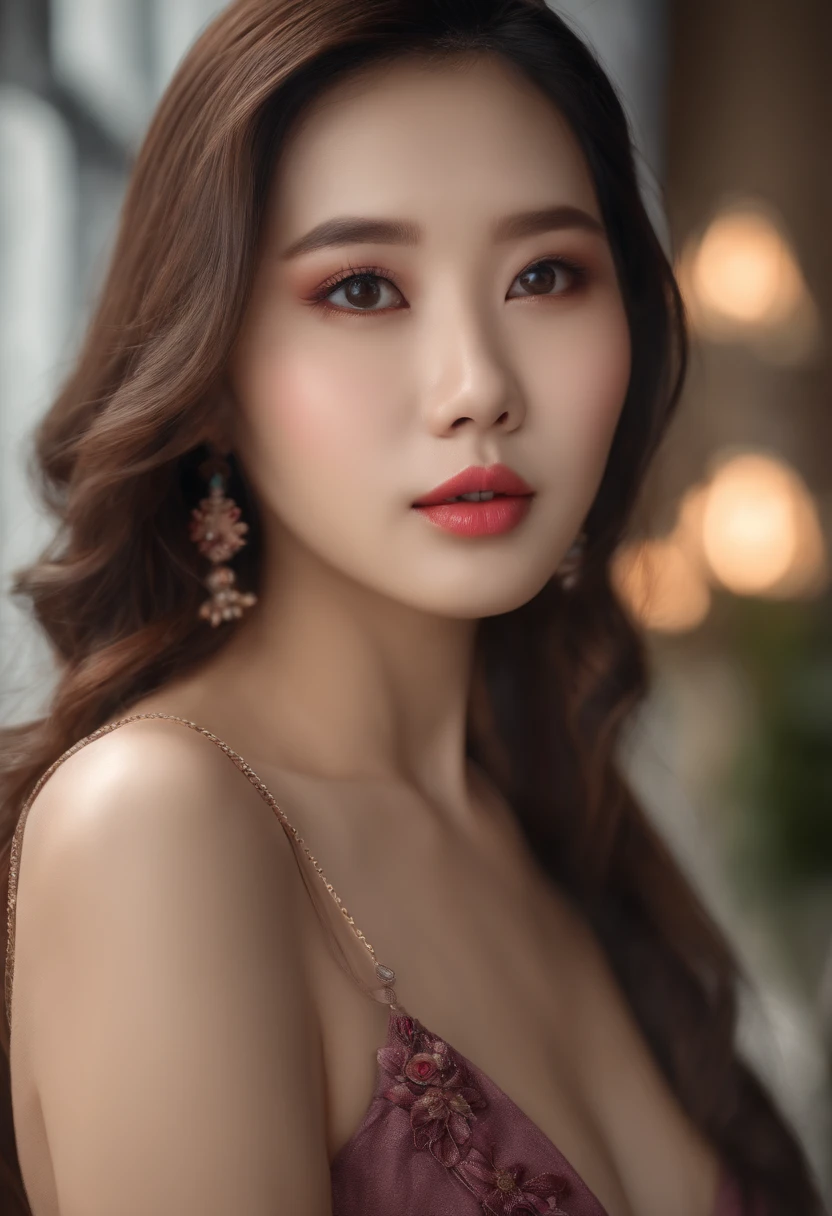 (best quality,4k,8k,highres,masterpiece:1.2),ultra-detailed,(realistic,photorealistic,photo-realistic:1.37),portrait,beautiful Asian girl,long hair,expressive eyes,plump lips,(bare shoulders:1.1),(pronounced collarbone:1.1),Asian model,Japanese style,Korean girl,trendy outfit,open-chest clothing,sophisticated makeup,pink blush,neutral background,soft lighting,vibrant colors,feminine,confident pose,city center