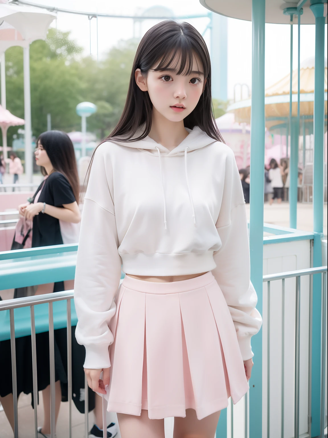 年轻,(Skirts in pastel colors),Mokomoko's hoodie,teens girl,Delicate body,petite body,Delicate body,small tits,tiny chest,Short,A dark-haired,Very Longhair,a shower,An amusement park