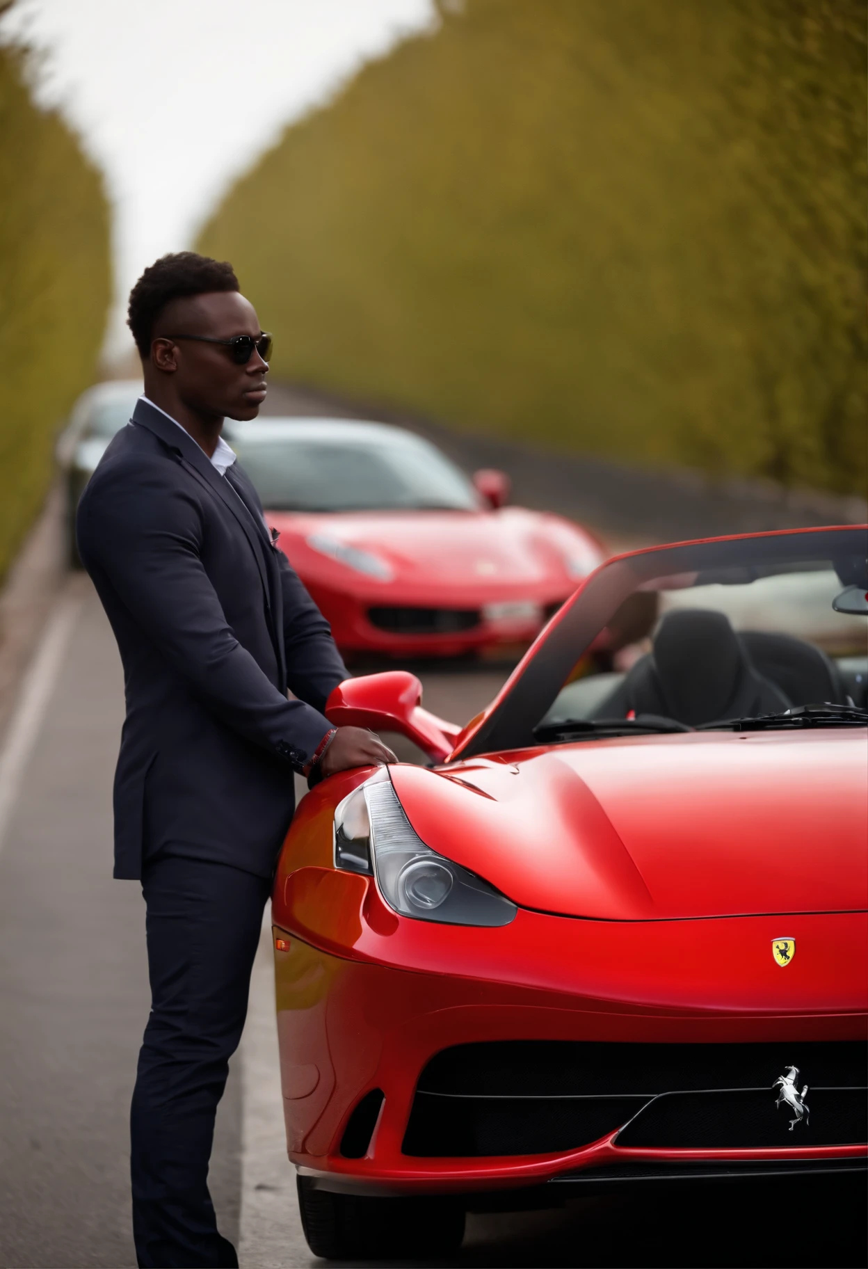 A man of black complexion behind a Ferrari F430 Spider car, allure mannequin dans un paysage peuple de personnes lui prenant des photos