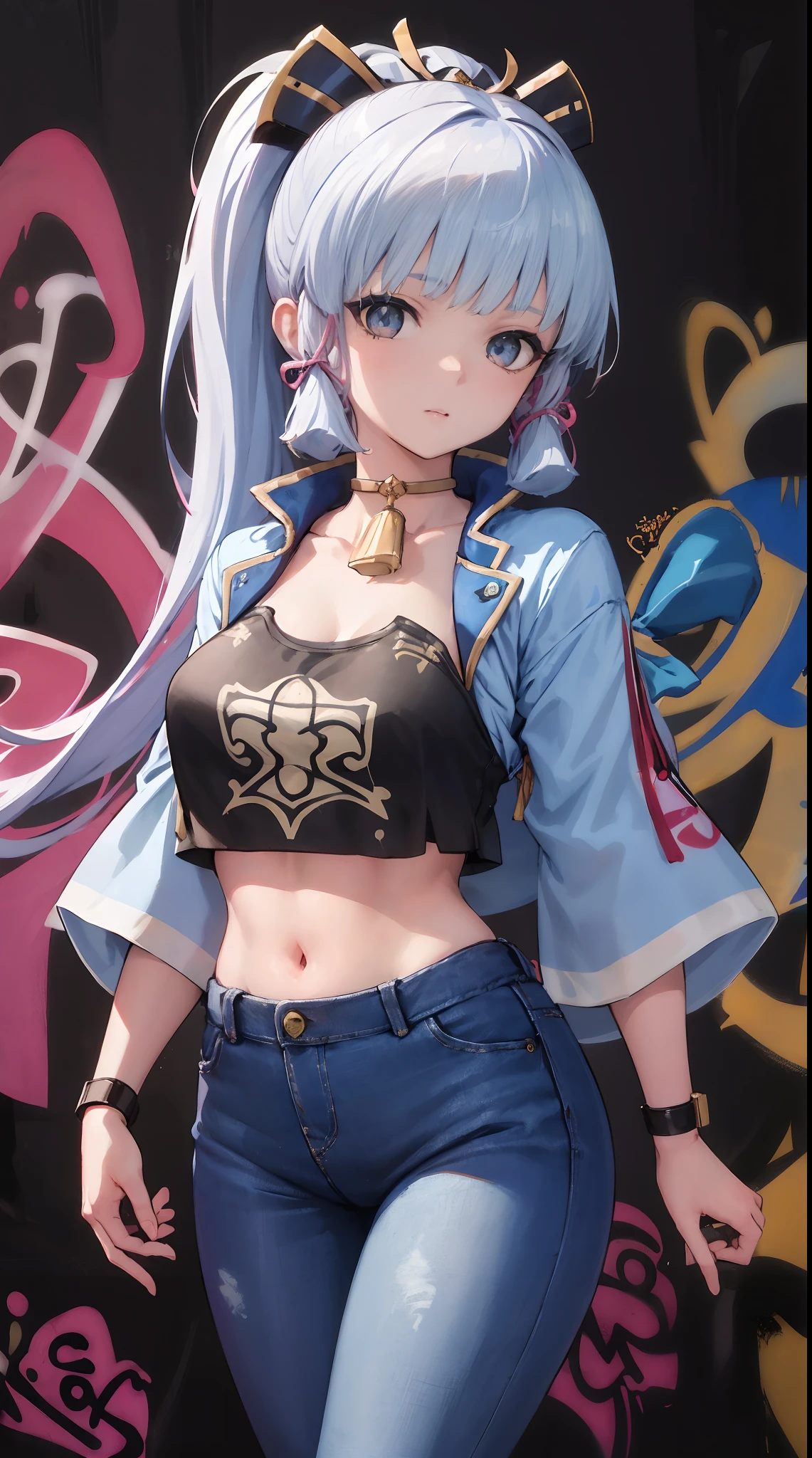 kamisato ayaka|genshin impact, master-piece, bestquality, 1girls,25 years old, proportional body, elongated legs, Beautiful, proportional., crop top, Long Jeans, mediuml breasts, ,bara, crop top, choker, (Graffiti:1.5), Splash with purple lightning pattern., arm behind back, against wall, View viewers from the front., Thigh strap, Head tilt, bored,(NSTDA.:1.2), (10, beste-Qualit, master-piece: 1.4), Beautiful red hair, ultra-high resolution, (lifelike, photorealistic portrait: 1.48), 20 age, Cute Girl, (Looking Through Crop Tops.), Famous Japanese actors, beautiful clear eyes, Head tilt, cowboy shot, from the front, looking at the audience, expressionless, Beautiful lake, Zeiss 150mm F/ 2.8 Hasselblad, Whole body, foot, Ultra-Wide Angle,