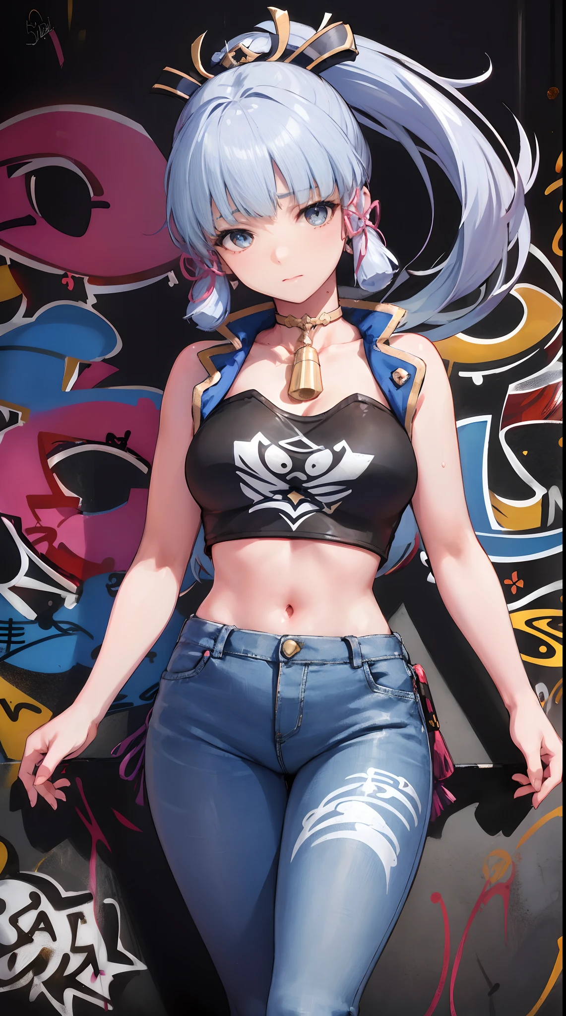 kamisato ayaka|genshin impact, master-piece, bestquality, 1girls,25 years old, proportional body, elongated legs, Beautiful, proportional., crop top, Long Jeans, mediuml breasts, ,bara, crop top, choker, (Graffiti:1.5), Splash with purple lightning pattern., arm behind back, against wall, View viewers from the front., Thigh strap, Head tilt, bored,(NSTDA.:1.2), (10, beste-Qualit, master-piece: 1.4), Beautiful red hair, ultra-high resolution, (lifelike, photorealistic portrait: 1.48), 20 age, Cute Girl, (Looking Through Crop Tops.), Famous Japanese actors, beautiful clear eyes, Head tilt, cowboy shot, from the front, looking at the audience, expressionless, Beautiful lake, Zeiss 150mm F/ 2.8 Hasselblad, Whole body, foot, Ultra-Wide Angle,