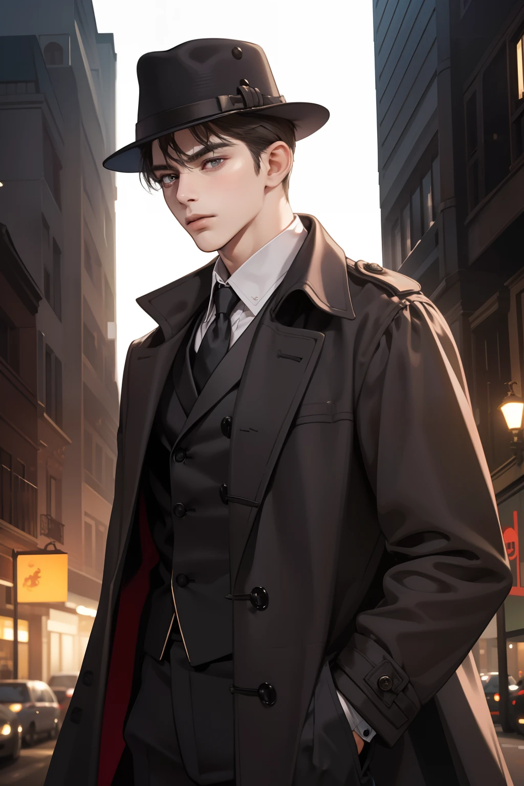 masterpiece, best quality, realistic, 1man, mature male, quiet and charming young man, 25 years old, close his eyes, serious look, extremely detailed face, ((dark grey eyes)), ((short-right-swept dark brown hair)), [thick eyebrows], detective, in the city, ((Dressed in a classic overcoat and fedora hat)), cinematic lighting, looking at the audience, posture dynamics, Victorian era