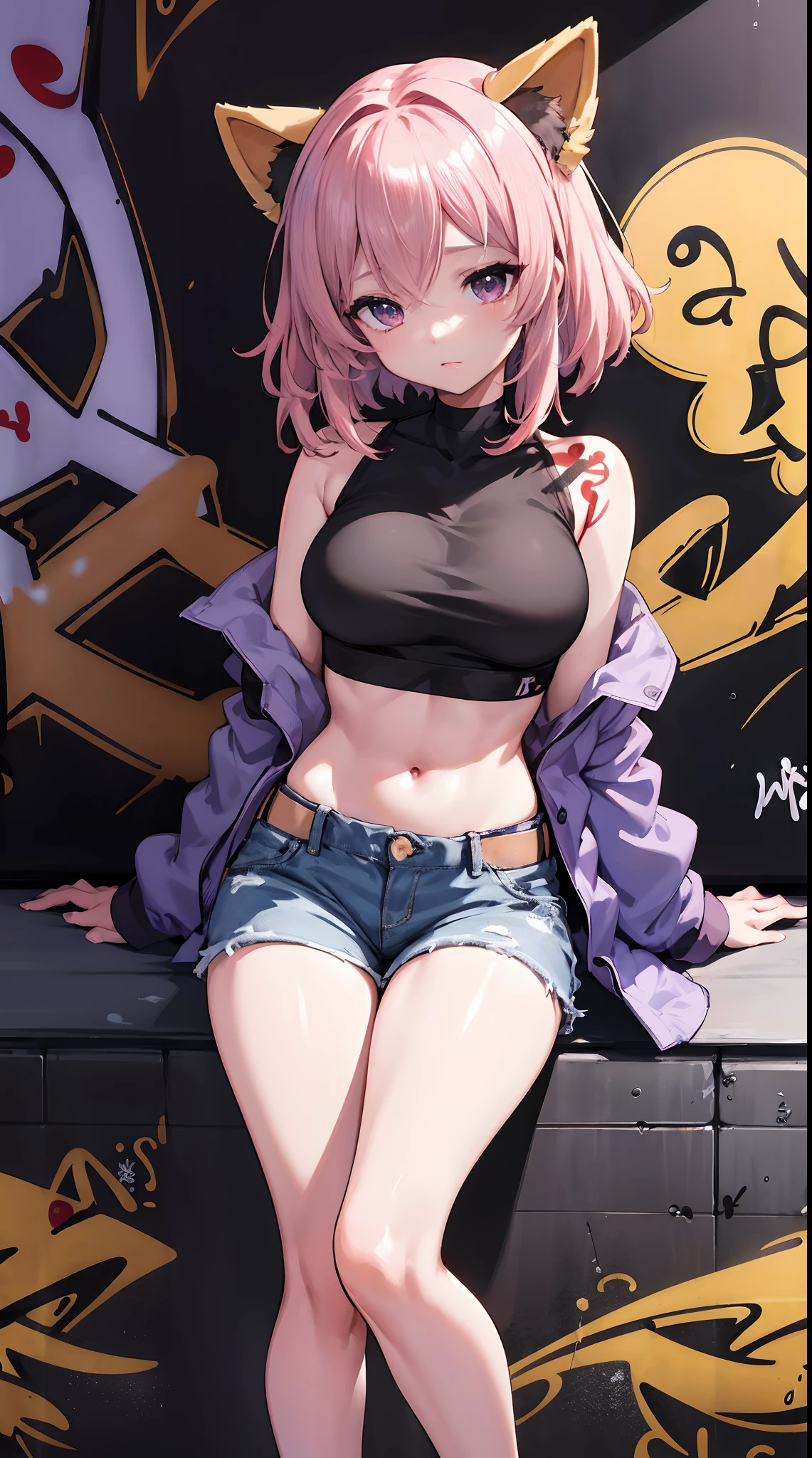 coat|genshin impact, master-piece, bestquality, 1girls,25 years old, proportional body, elongated legs, Beautiful, proportional., crop top, Long Jeans, mediuml breasts, ,bara, crop top, choker, (Graffiti:1.5), Splash with purple lightning pattern., arm behind back, against wall, View viewers from the front., Thigh strap, Head tilt, bored,(NSTDA.:1.2), (10, beste-Qualit, master-piece: 1.4), Beautiful red hair, ultra-high resolution, (lifelike, photorealistic portrait: 1.48), 20 age, Cute Girl, (Looking Through Crop Tops.), Famous Japanese actors, beautiful clear eyes, Head tilt, cowboy shot, from the front, looking at the audience, expressionless, Beautiful lake, Zeiss 150mm F/ 2.8 Hasselblad,  Whole body, foot, Ultra-Wide Angle,