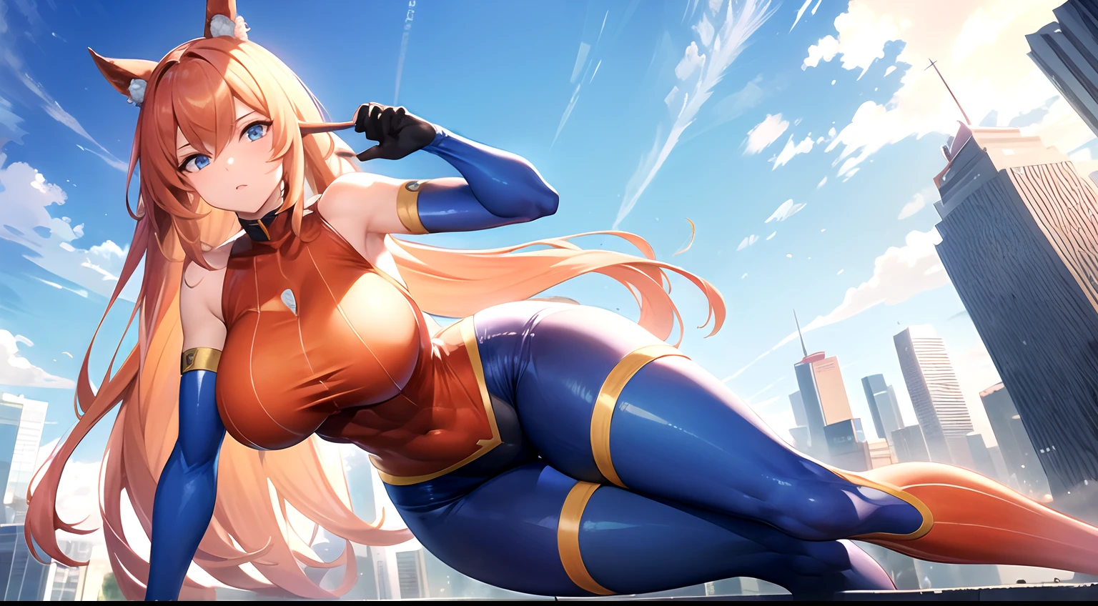 1girl, (superheroine, giantess), cool and mature, defiant, long hair, earring, (bodysuit, spandex), (blue orange white, costume), in town, (tower sized woman)++, dynamic pose, dynamic angle, (large breast)+, (skinny leg)+,  long leg, thighhighs, bare legs, landscape, cityscape, in between skyscrapers, (Best quality), ((masterpiece)), (perfect female proportions)