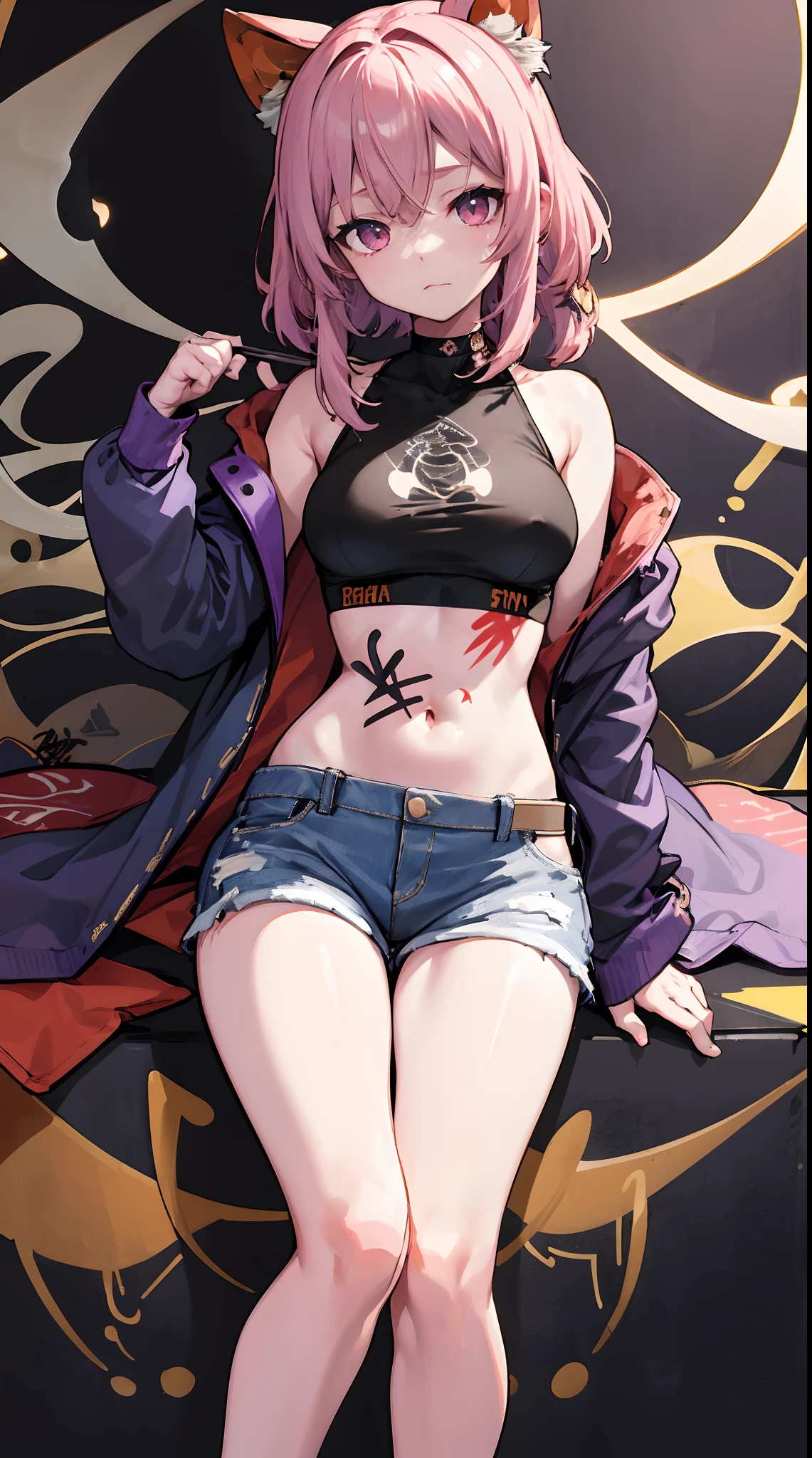 delinquent female street punk in emo style nude holding up the middle finger, looking at viewer, 1boy, bald head with tattoos, (sidelocks:1.3), tongue out, closed mouth, squatting, torn clothes, piercings, jewelry, tattoos, observatory, finely detailed background, amazingly intricate background, incredibly absurdres, best quality