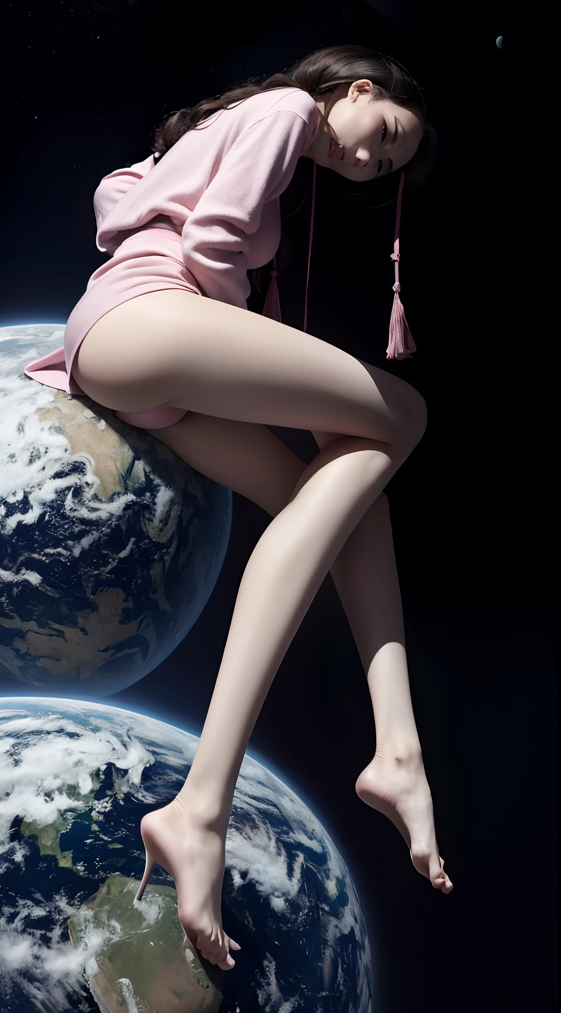 Top image quality、tmasterpiece、in style of norman rockwell、Lunar surface、beautiful fair-skinned girl、drenched all over the body,The clothes were all wet,Get wet with water,Wears a light pink wizard robe,(The fabric of the clothes is light and thin),The Witch,Broken clothes,The wizard's robe tightened his body,the space ,。.。.。.。.。.。.。.。.。.。.。.。.。.。.。.。.。.。.。.。.3D,The clothes are light pink、Beautiful little face,Perfect facial features,a small face、Light makeup、Black hair on braids、mediuml breasts、Big buttocks、Sit Pose、Full body like、Her hands were tied with ribbons,hangs in the air、No shoes、Girls wear only socks,There are no shoes on the feet,Barefoot,Sexy slender legs、Wearing thin light pink silk pantyhose,Spread your legs high,The legs are spread to the sides,Stretch your legs high to the audience,the rule of thirds、Ultra-wide angle low angle