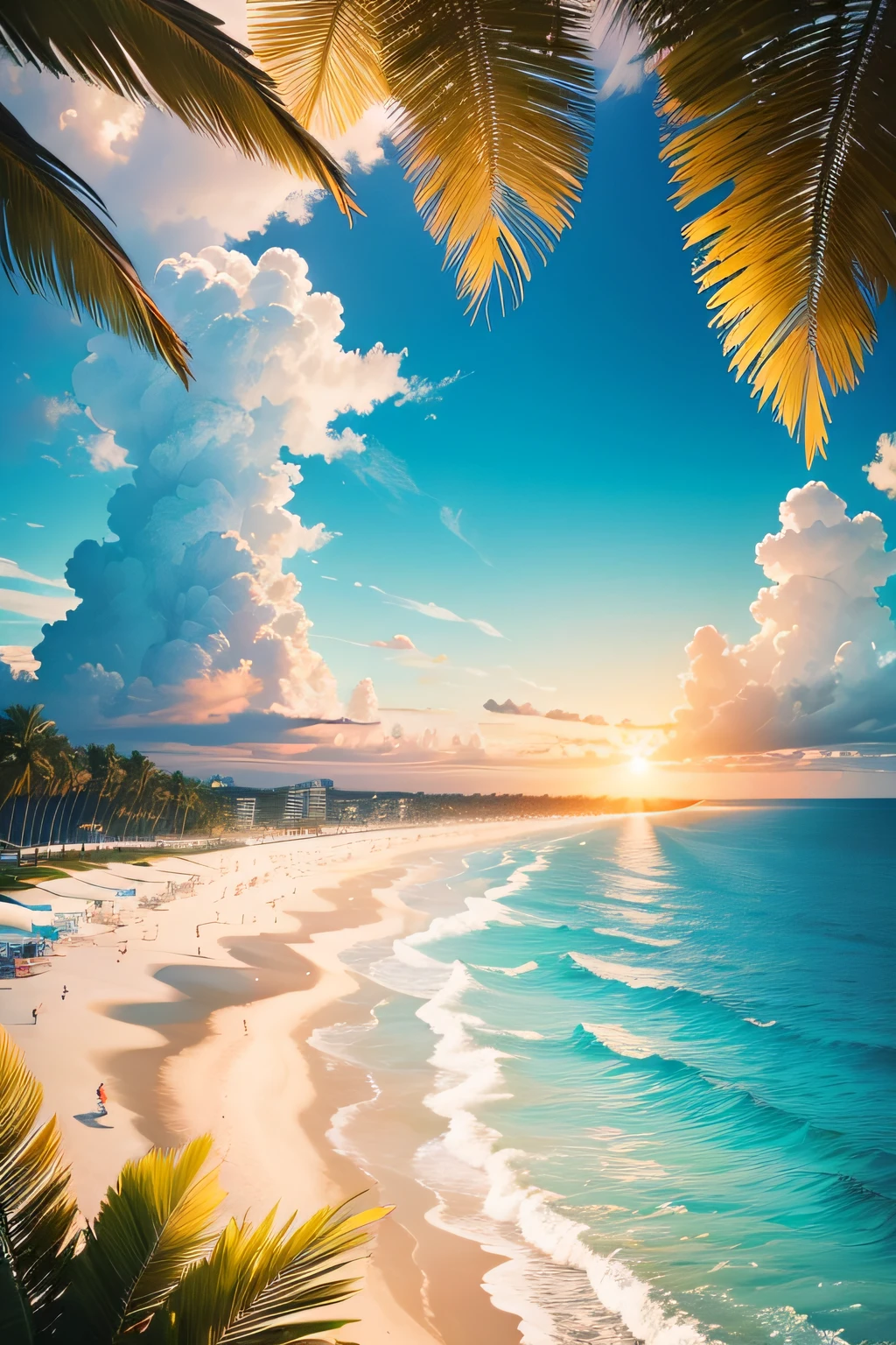 (best quality,4k,highres,masterpiece:1.2),ultra-detailed,realistic,photorealistic,landscape,sunny day,sparkling water,on a beautiful beach,a wide expanse of ocean,bluesky,fluffy clouds,tranquil,relaxing,long sandy coastline with gentle waves,HDR,vivid colors,sunlight shimmering on the water,crystal clear water,white foam on the waves,seagulls flying in the distance,swaying palm trees along the beach,soft golden sand,gentle sea breeze,serene atmosphere