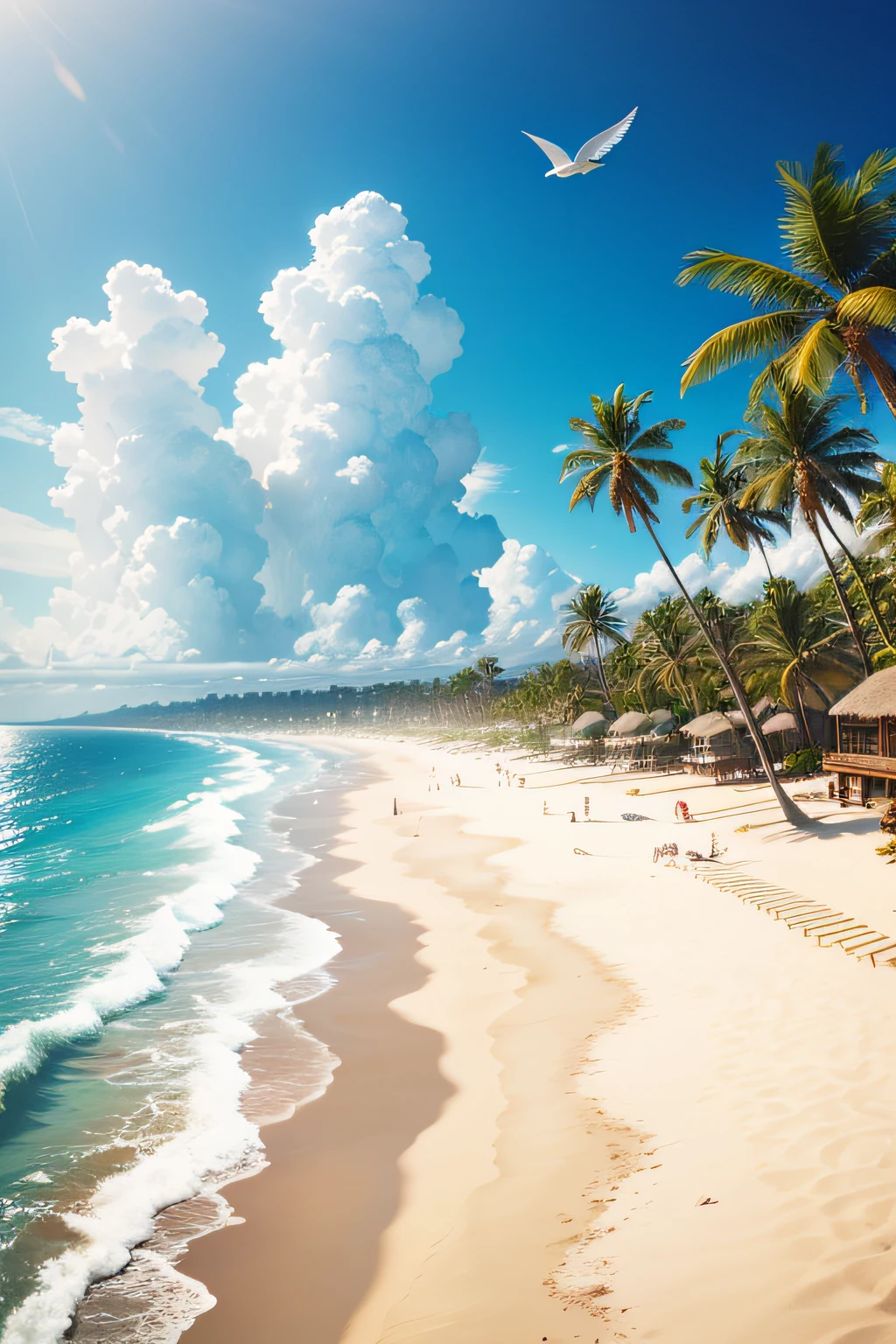 (best quality,4k,highres,masterpiece:1.2),ultra-detailed,realistic,photorealistic,landscape,sunny day,sparkling water,on a beautiful beach,a wide expanse of ocean,bluesky,fluffy clouds,tranquil,relaxing,long sandy coastline with gentle waves,HDR,vivid colors,sunlight shimmering on the water,crystal clear water,white foam on the waves,seagulls flying in the distance,swaying palm trees along the beach,soft golden sand,gentle sea breeze,serene atmosphere