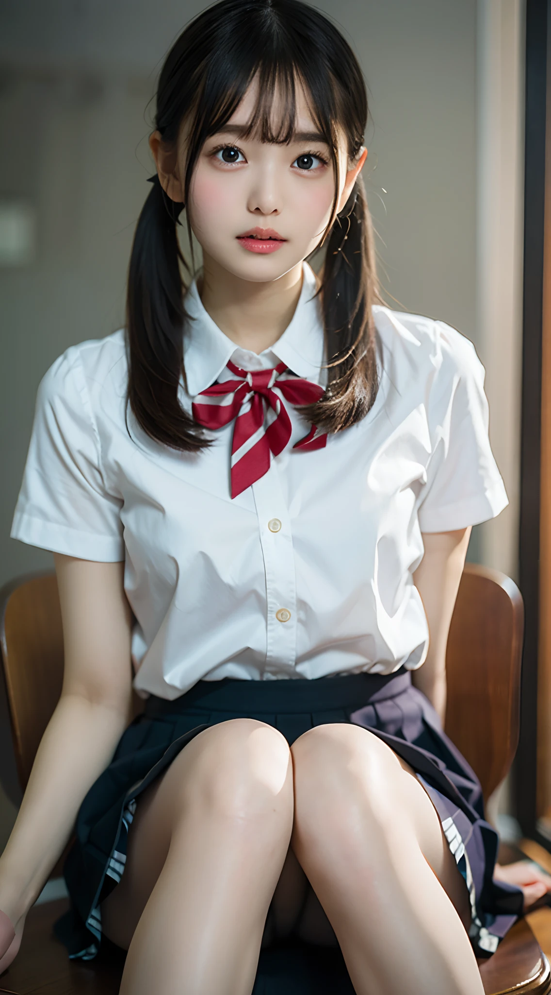 of the highest quality, Photorealistic, 8K, High Definition, 1 girl, Female, (1.8), School, girl, Blazer, uniform, Pubic hair visible, , Skirt boldly pulled up, ((Sit on a chair、Keep your legs wide open)), Bend your knees and open your legs, slightly shorter hairstyle, Grab your knees with your hands to open your legs, Buttoned shirt flutters