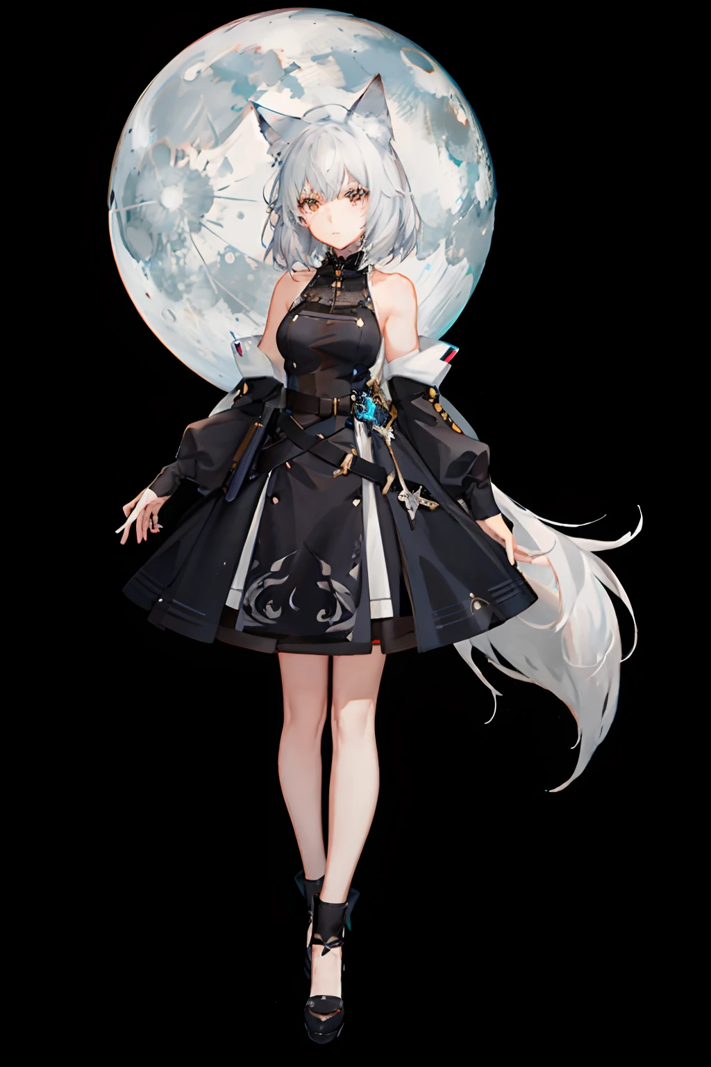 Anime girl in black and white dress on full moon background, from arknights, from girls frontline, li in dress, White-haired wolf, anime girl wearing a black dress, Cute anime waifu in a nice dress, Silver-haired god, anime moe art style, Anime art wallpaper 8k, anime style 4 k、Golden Eyes、full-body view、front-facing view、With wolf ears、Girl with a wolf's tail、Shorthair