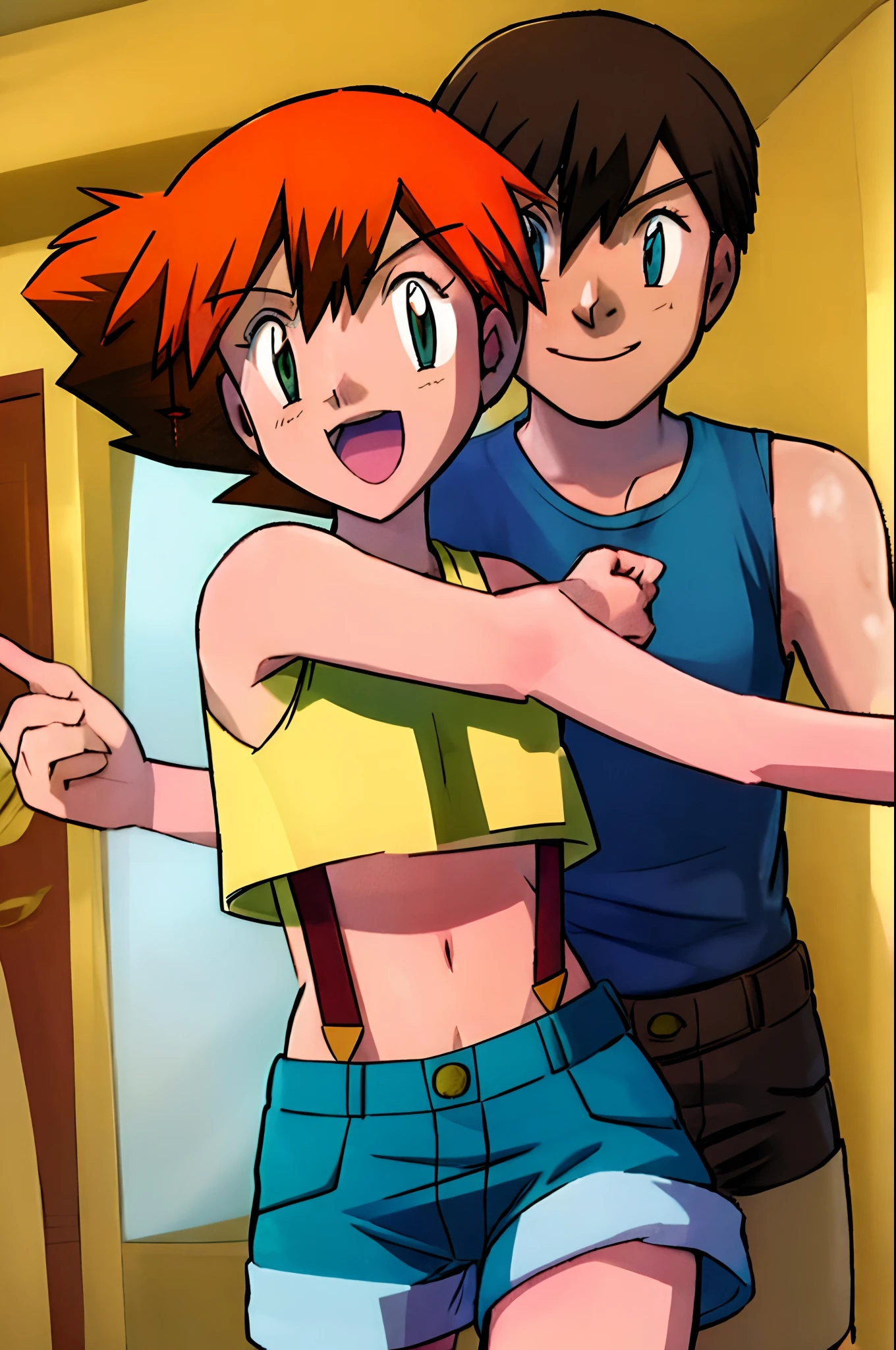 black hair, short hair, brown eyes, hair between eyes, ash ketchum, in jeans, black t-shirt, misty, pokemon, orange hair, green eyes, side ponytail, yellow tank top, red suspenders, blue jeans shorts a beautiful photograph of a 18 years old, couple, he's taking his t-shirt off, rolling his t-shirt up, she's pulling his jeans down showing his crotch, her hand in on his crotch, looking at each other