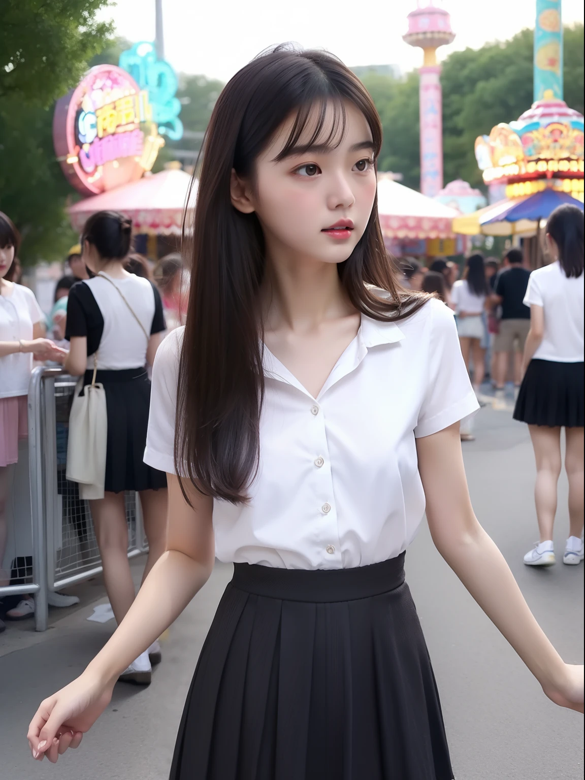 年轻，(skirt by the)，Blouse，teens girl，Delicate body，petite body，Delicate body，small tits，tiny chest，A dark-haired，Very Longhair，An amusement park