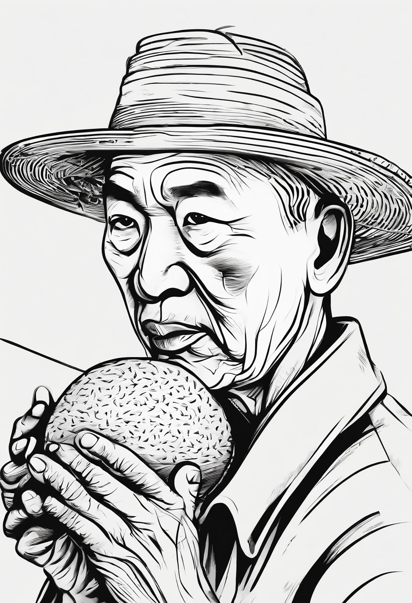 Close up of simple minimalist old Chinese farmer eating a ricecake ball logo with thick black and white outline style, smooth edges, simple design, simple colouring, one color, simplistic details, 2d, icon style, behance, dribbble, Minimalism, silhouette