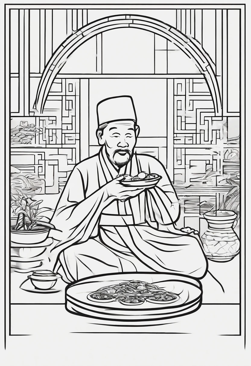 Close up of simple minimalist old Chinese farmer eating a ricecake ball logo with thick black and white outline style, smooth edges, simple design, simple colouring, one color, simplistic details, 2d, icon style, behance, dribbble, Minimalism, silhouette