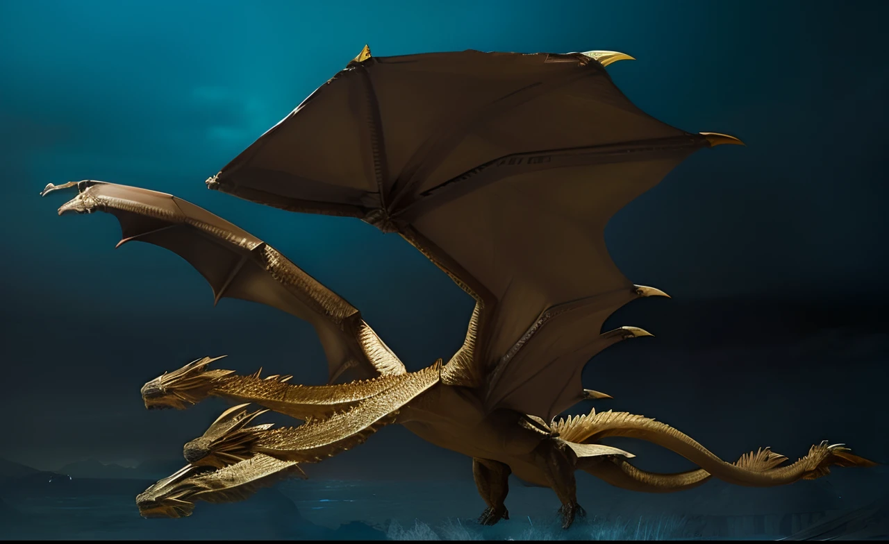 Ghidorah, giant kaiju dragon monster, Three heads， Big mystery, pteranadon styling, hyper detailed photo