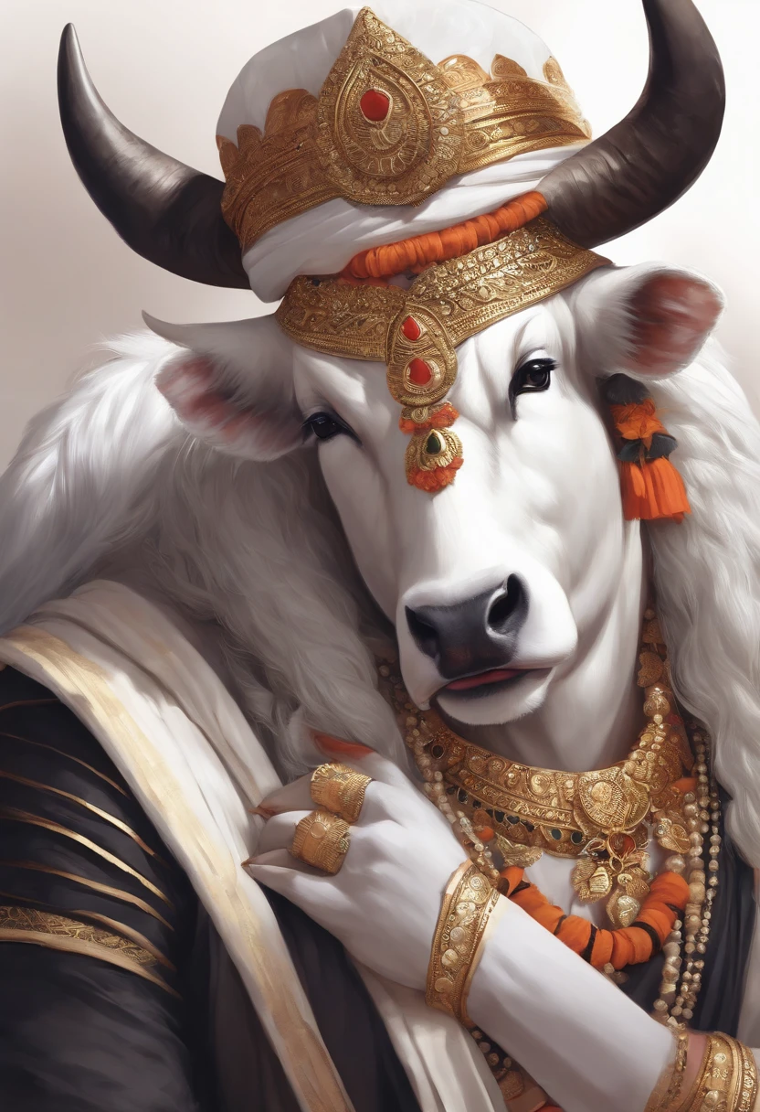 Close-up of an Indian minotaur wearing a white black silk sari and a white turban, as an anime character, Anthropomorphic cattle, , dressed in fashionable clothes, , Art Cow