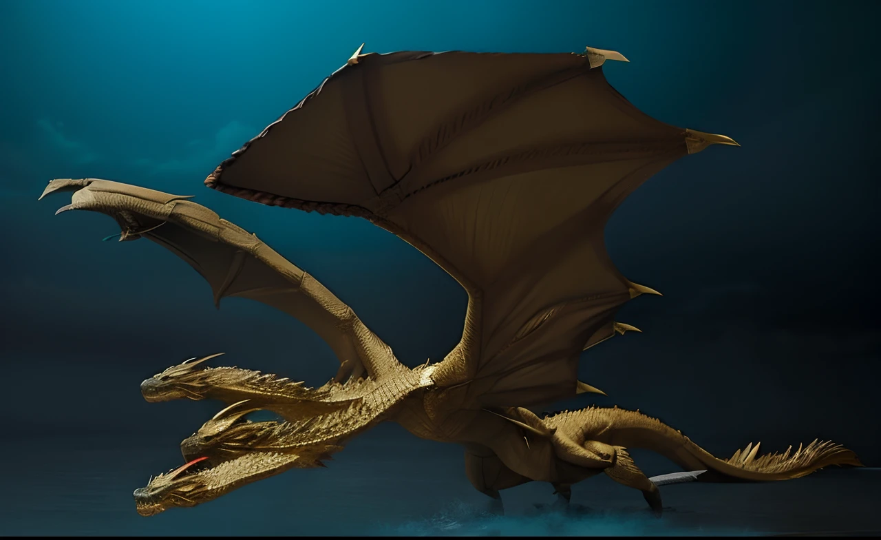 Ghidorah, giant kaiju dragon monster, Three heads， Big mystery, pteranadon styling, hyper detailed photo