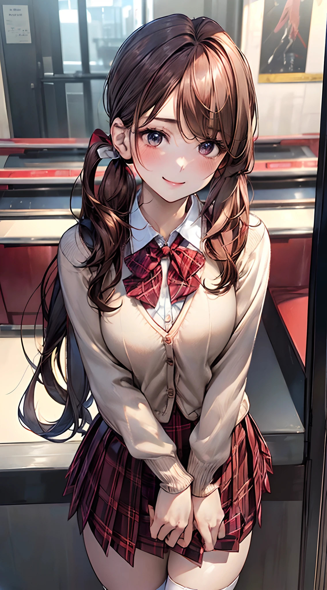 (masterpiece:1.2, top-quality), (realistic, photorealistic:1.4), beautiful illustration, NSFW,
looking at viewer, cowboy shot, front view:0.8,
1 girl, japanese, high school girl, light brown hair, (long hair:1.8), (side ponytail:1.7), bangs, hair between eye, blue eyes, large breasts:0.8, (thick thighs),
beautiful hair, beautiful face, beautiful detailed eyes, beautiful clavicle, beautiful body, beautiful chest, beautiful thigh, beautiful legs, beautiful fingers,
(beautiful scenery), dawn, amusement arcade, claw crane, upright enclosures, table enclosures,
((red blazer, pleated mini skirt, white socks, red private school uniform:1.2, light blown cardigan, red plaid pleated skirt, red plaid bow tie, red plaid hair ribbon)), pink panties,
(swollen), ((seductive posture: 1.2, attractiveness: 1.2)), (idle),
(erotic, sexy, upper eyes, smile), shiny skin,
perfect face, cute and symmetrical face, natural side lighting, movie lighting),
standing, walking, (hands between legs),