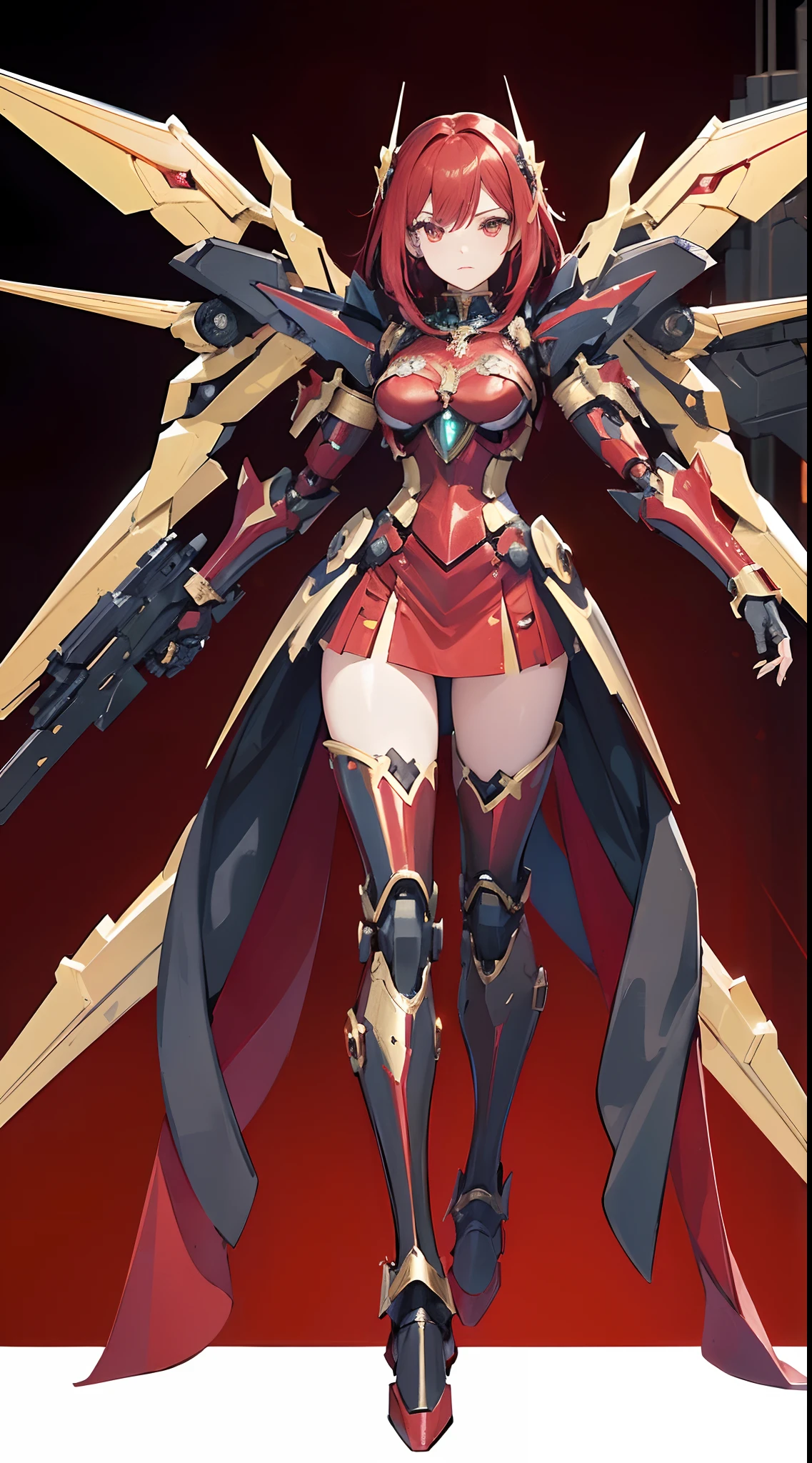 ((8K)), ((top-quality)), ((​masterpiece)), ((超A high resolution)), ((T-Mastepiece)), detailed skin textures, Detailed Cloth Texture, Detailed metal texture, ((beautifull detailed face)), Raw photo, proffesional, Ultra-fine painting, ((独奏)), ((Woman dressed as a mecha angel)), beutiful breast, concept-art, Anime Science Fantasy Artwork, Detailed Science Fantasy Art, (Has ruby red colored hair and large ruby red symmetrical mecha wings), (combat pose), (actionpose), (mechs:1.6)Sleek and menacing design, ((Marshal's Hi-ν Gundam Armament)), (((Black and gold armor with ruby red color))), 8k high quality detailed art, 3D rendering of character art in 8K, defined legs, Defined arm, defined fingers, NSFW