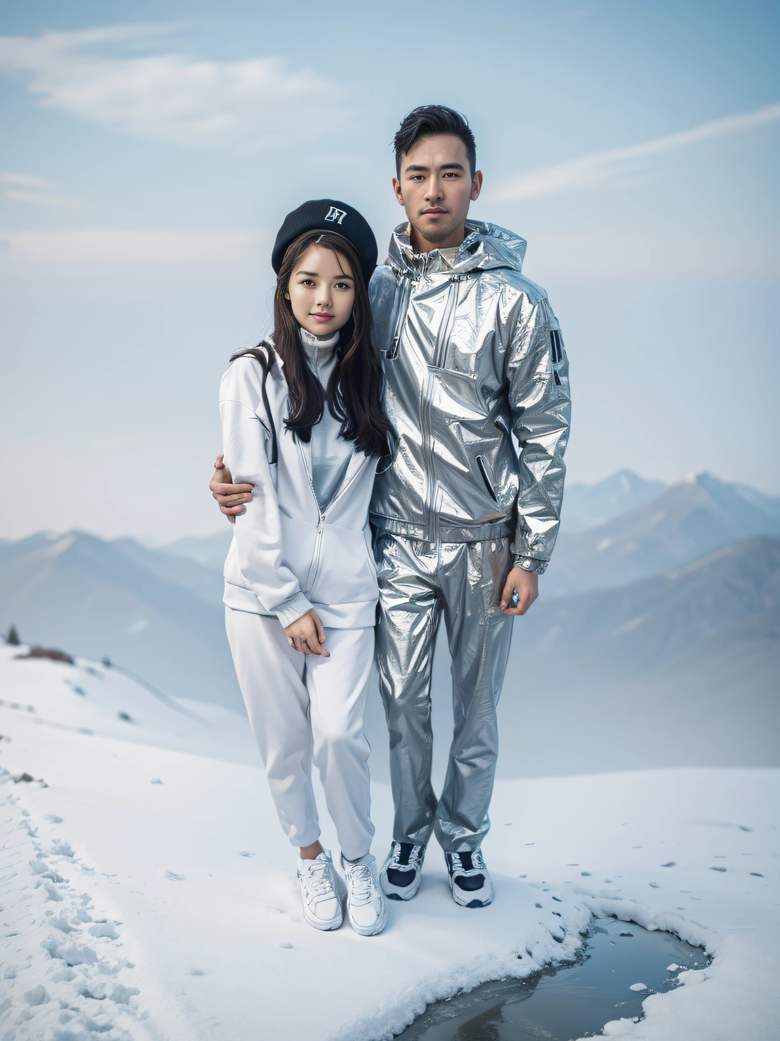 Guy and girl in sneakers on a mountain road, Against the background of a mountain landscape, Birds in the summer sky, (full-length portrait:1.3), Гипер HD, ray traced, Structurally correct, Award-winning, higly detailed, Cinmatic Lighting, tmasterpiece, superdetail, hiquality, higly detailed, beste-Qualit, 4K,