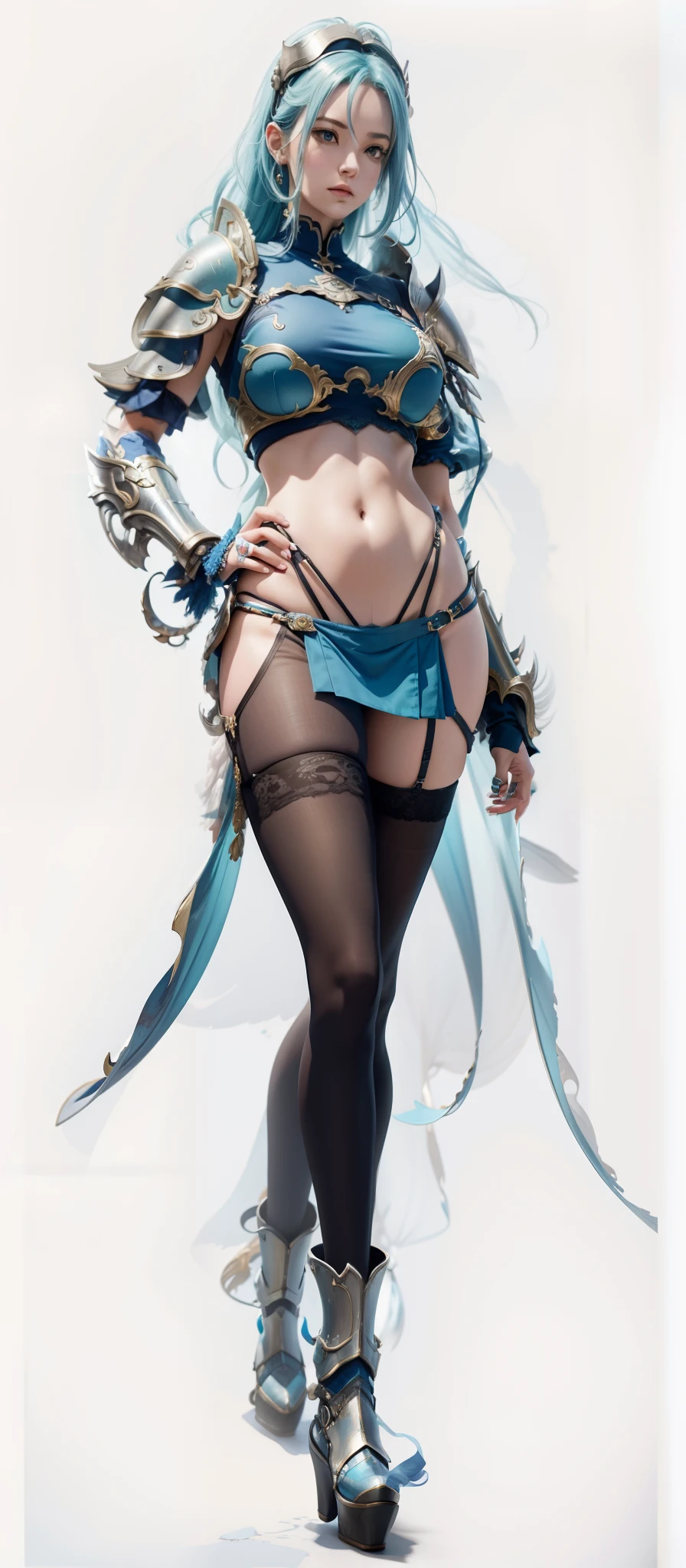 blue hair,hentail realism, shadowing,,character sheets, reference sheet, Standing painting, 8K, Super detail, 1080p, Women's HD,femele, 16k, A high resolution, Best quality, High quality, Anatomically correct, Masterpiece, ccurate, hyper HD,As graceful as a swan,unreal-engine, Ghibli-like colors, anime big breast, Standing painting, angle of view,battle armor,ssee-through,Lace skirt