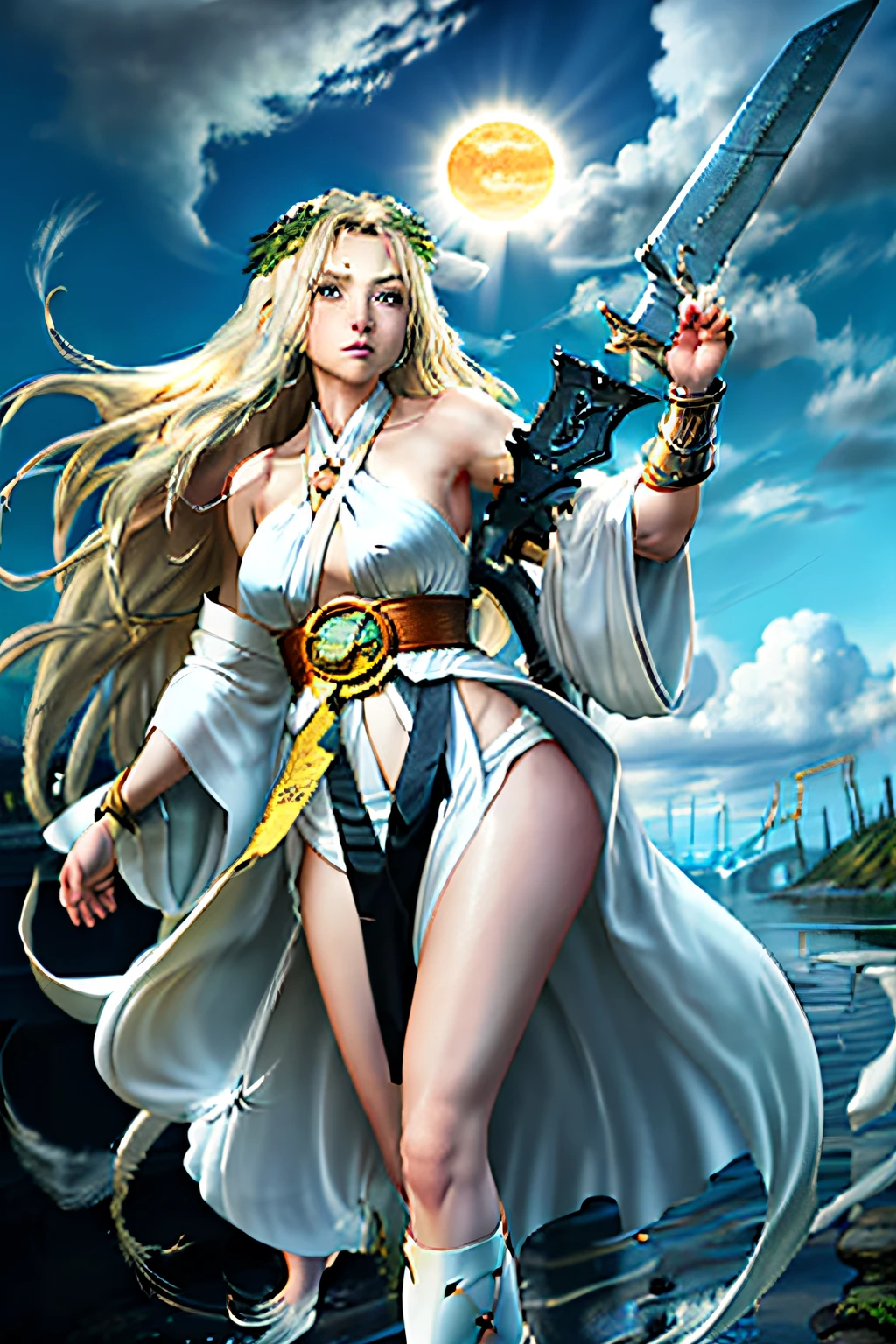 femele,((Long flowing hair)),The proportions of the body are amazing,Hair color is blond and yellow,The face is cold and gentle,mankind,The legs are long,Dress in kimono or hanfu,There are red silk decorations,Sun in the background,(Make him look like the sun goddess),angelicales,Clouds surround,Dressed in a flowing manner,Like the god of war,Carrying a long sword,Strong sense of dynamics