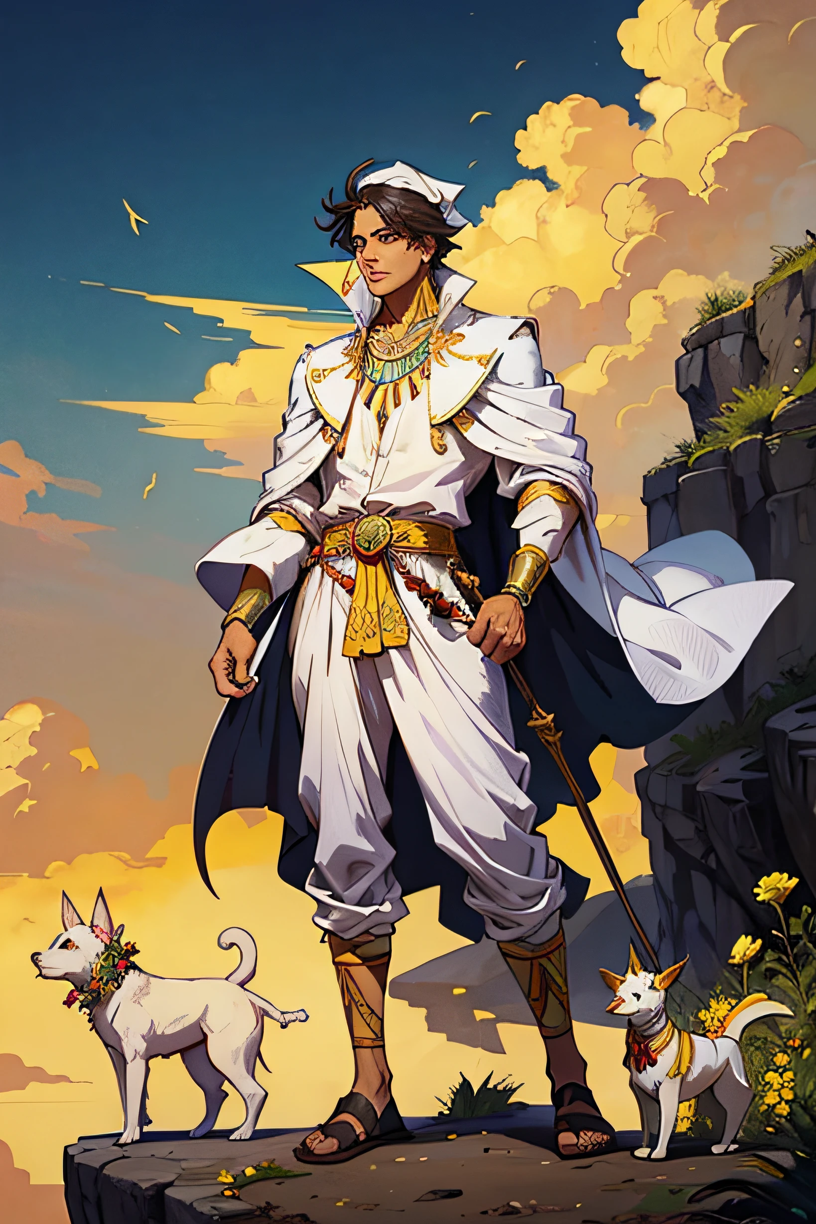 man, Egyptian Jewelry, Egypt, Alphonse Mucha, Tarot cards, fool, man, Mounts and bags, cliff, White Dog, Wind element, Yellow sky, Blue Mountain, A clown standing by a cliff.., Red tassels on the head, Left hand holding a white rose.., white blouse, Black coat, Yellow hibiscus flower clothing, Black scepter, Right hand holding a long stick., Wrap the cloth at the end of the stick.., Luke Bell, Full-body stand
