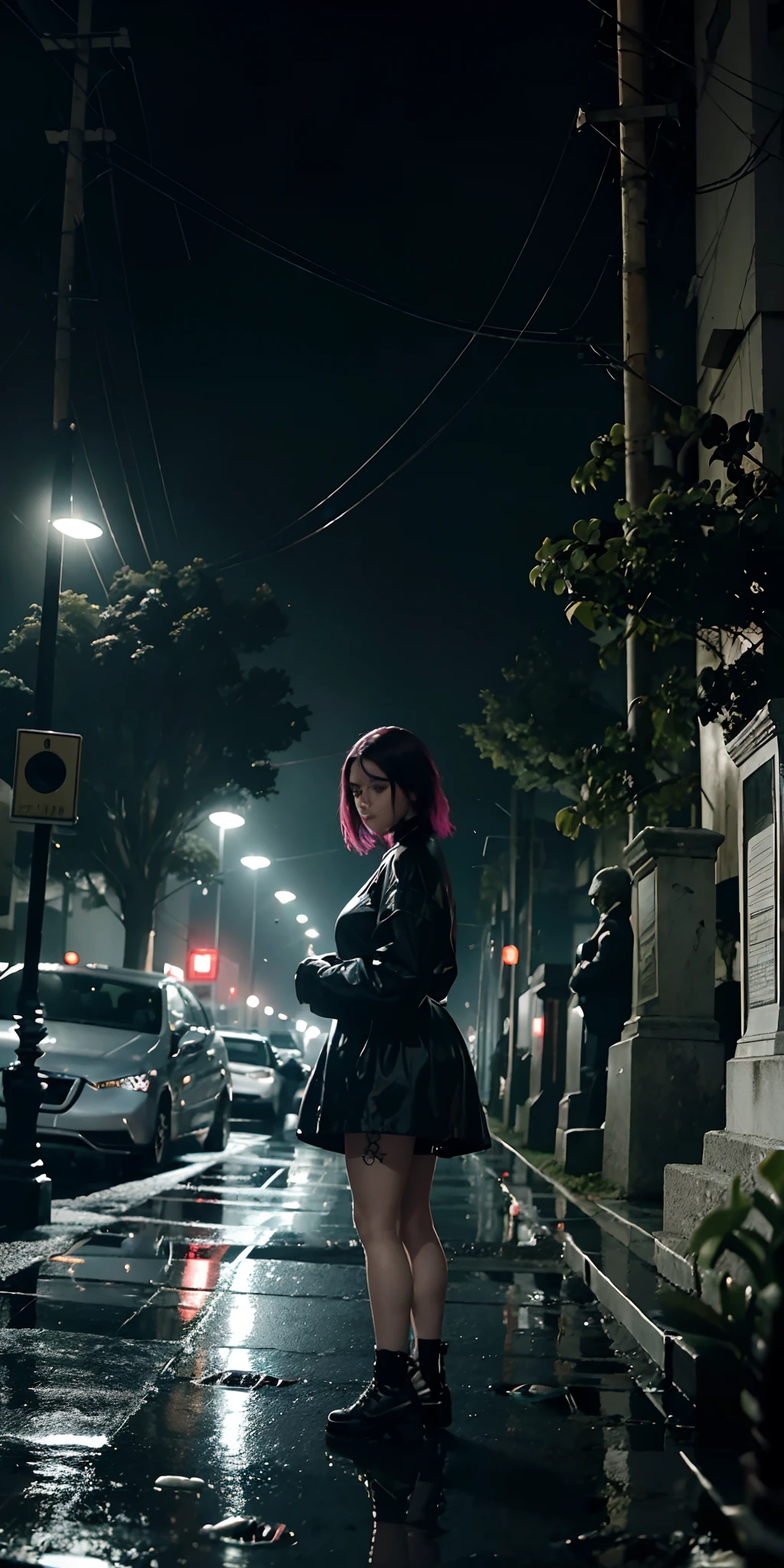 fotorrealista, melhor qualidade, obra-prima, Rainy cemetery, - Punk Girl Dark Tema, luz fraca, inferior, Chthonian, melancolia, Elementos de Luz Neon, cyberpunk