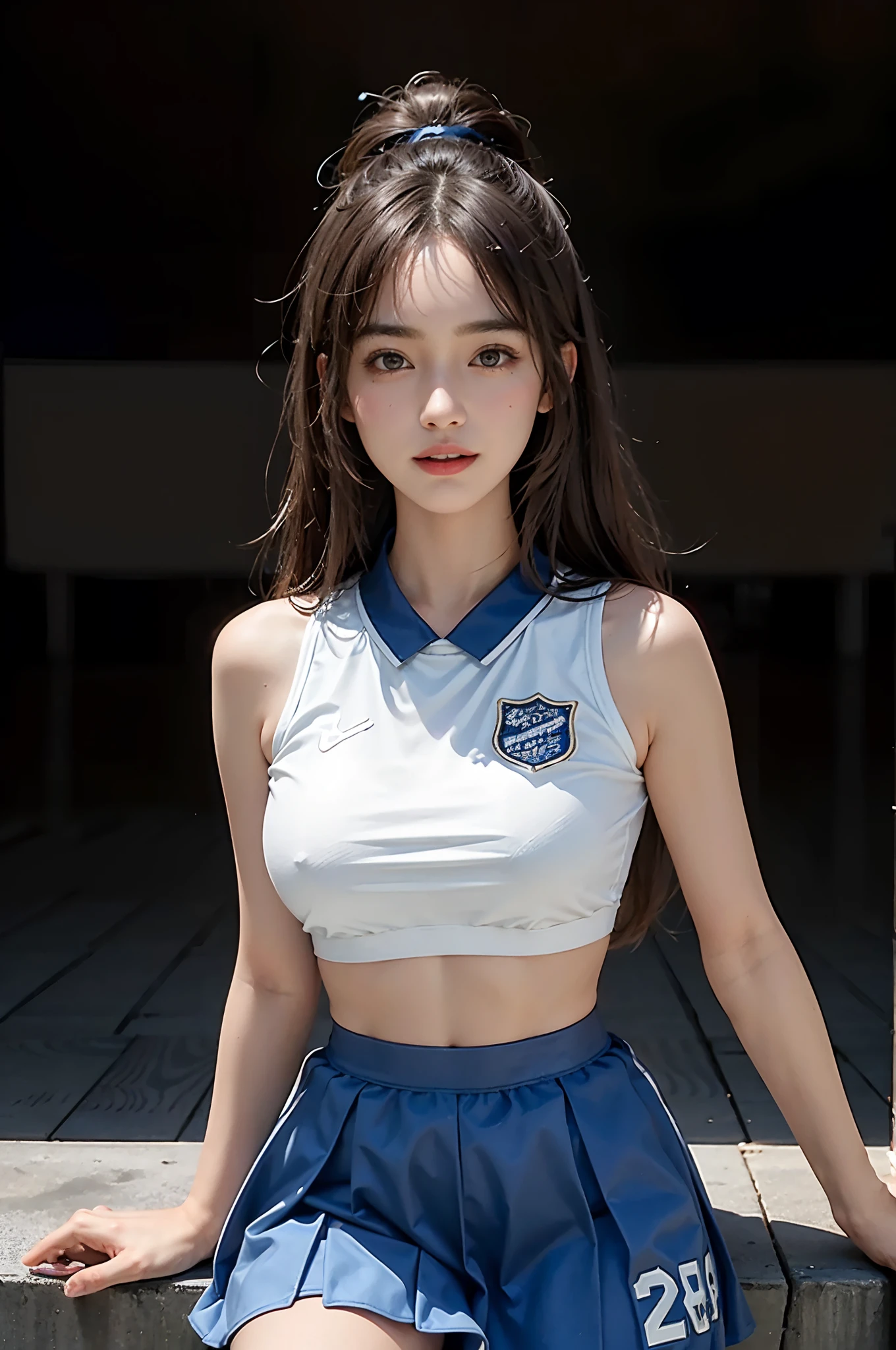 (A hyper-realistic), (illustratio), (hight resolution), (8K), (ighly detailed), (The best illustrations), (beatiful detailed eyes), (top-quality), (ultra-detailliert), (​masterpiece), (detailed face), droopy eyes,full of sweat, full body, long legs, long-hair,inner colored,solo, white cheerleader uniform, huge tits, smile, football field, short skirt, sports bra