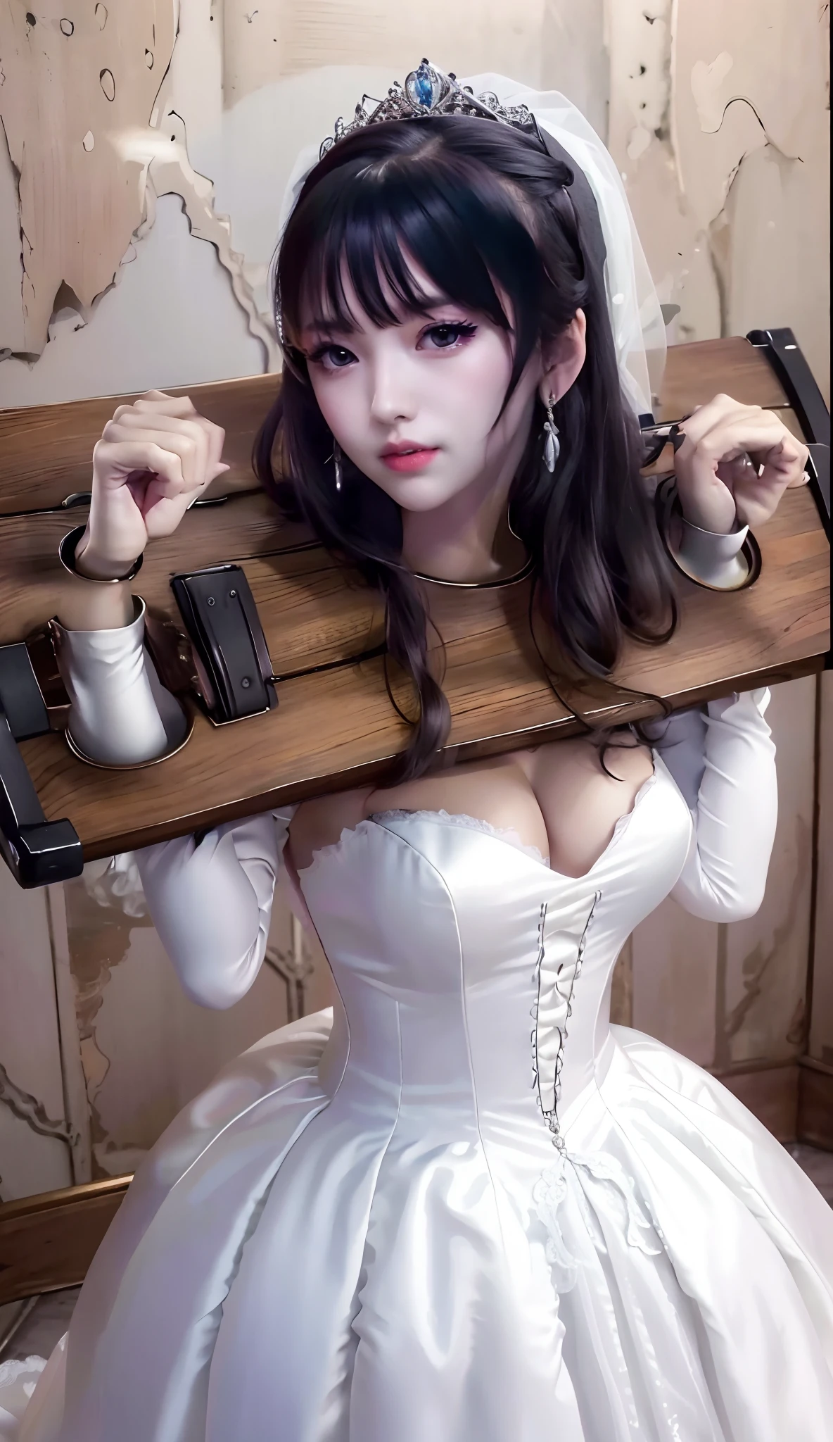 Close-up of a beautiful bride wearing a beautiful wedding dress, Gurwitz,（Pillory：1.5）, （flail：1.2）,  flail on the head, flail on the hands,full body photo,  whole body, (bridal veil: 1.5), (transparent short veil: 1.5), flushed face, head flower, tiara, Very detailed princess wedding dress,(tube wedding dress: 1.5), (silk dress: 1.2 ), (strapless wedding dress: 1.5), （floor length skirt：1.2）, pure white dress,white long skirt, necklace, earrings, (huge breasts: 1.3), deep V heart-neck wedding dress, bangs, lipstick, (lace gloves: 1.3),  high detail RAW Color art,