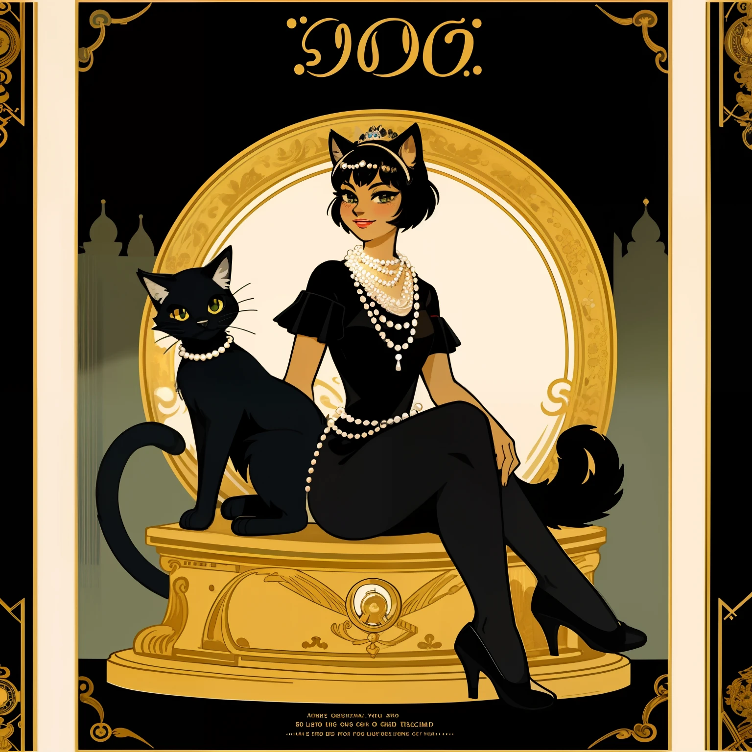 vector art, arafed black cat sitting on a pedestal with a pearl necklace, elegant cat, 1920s advert, 1960s advertisement, luxury advertisement, magazine advertisement, 1960s perfume bottle ads,