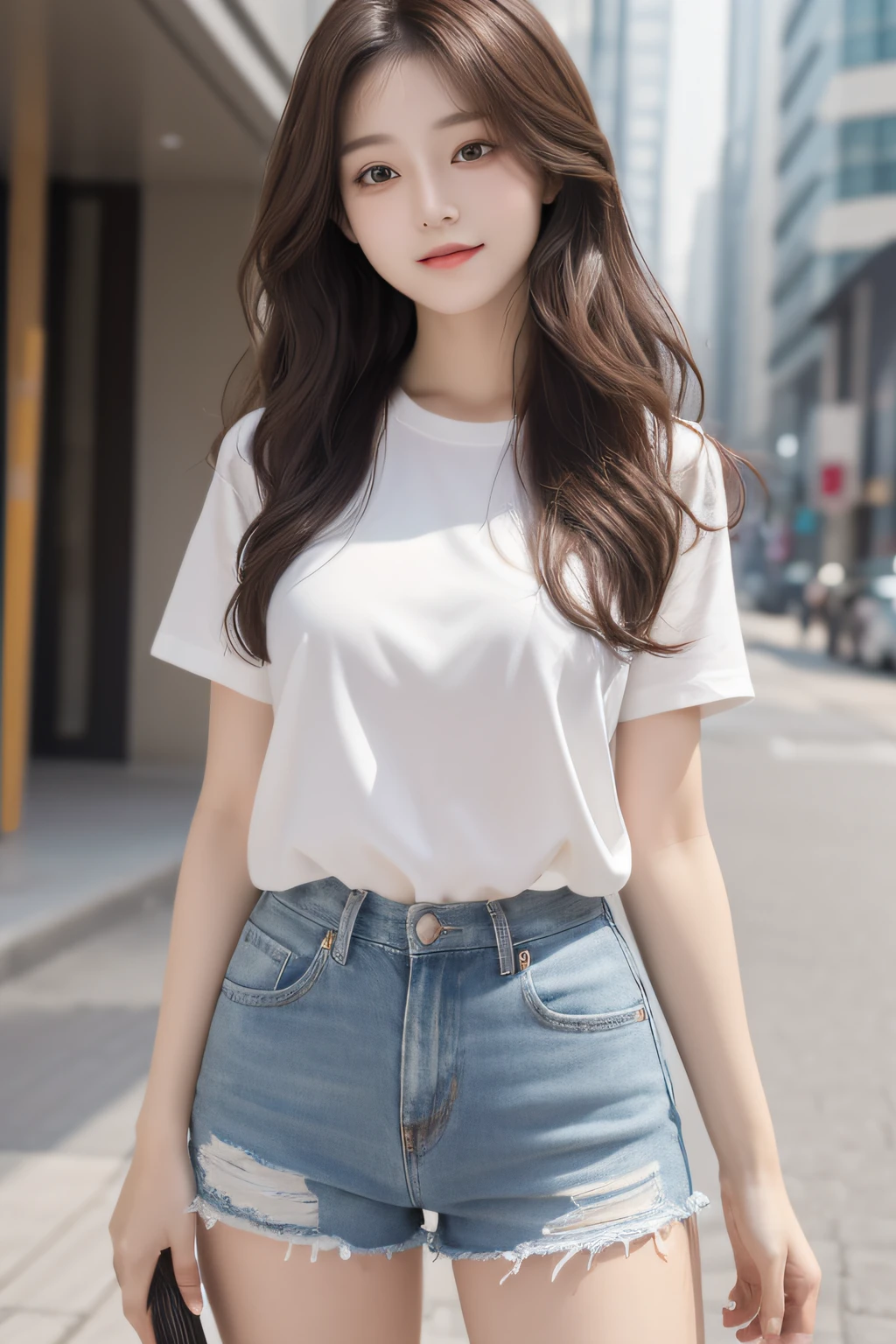 ((Top Quality, 8K, masterpiece )), 1girll, Sorrisos, (Full-body shot), Slim Faces, a pretty woman, (dark brown wavy hair), highly detailed face, (detailled eyes),Pretty hands,Slim Faces, Lovely Koreans, White shirt,I'm wearing shorts,Urban Background