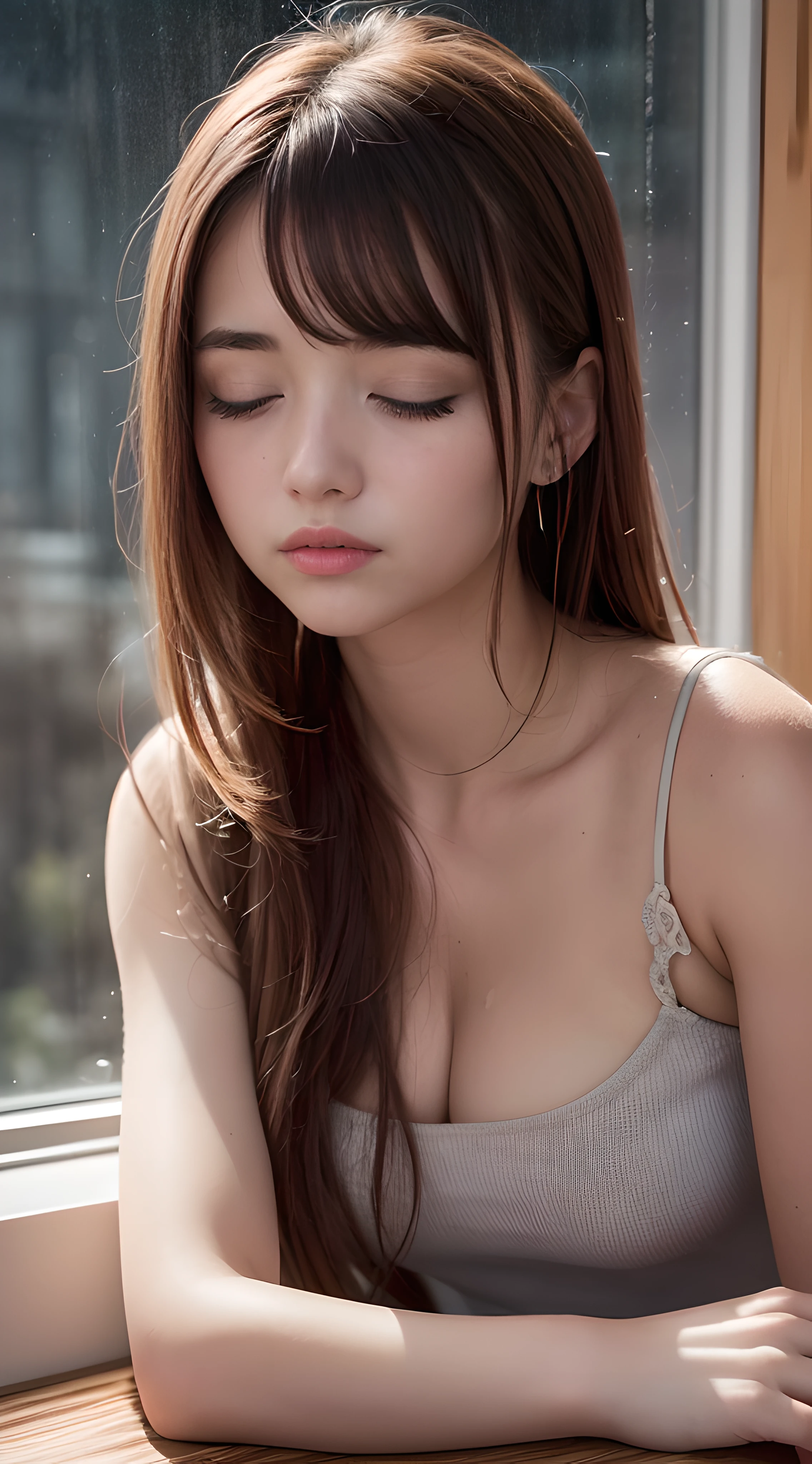 Masterpiece,Best quality,offcial art,Extremely detailed CG unified 8K wallpaper, (hdr:1.4), (A masterpiece of photography),(真实感), (pastel colour, dim colors, soothing tones:1.3), (Natural skin texture, hyper photorealism, Soft light, Sharp),(Extremely detailed), Professional lighting, Radio City,((1girll,20yr old,Fell asleep on the windowsill,Heavy rain late at night)), inside bedroom,Cold light,Best quality, Lots of details, Masterpiece, Ultra-detailed, illustration, Extremely delicate and beautiful girl, 8K_the wallpaper,Beautiful detailed girl