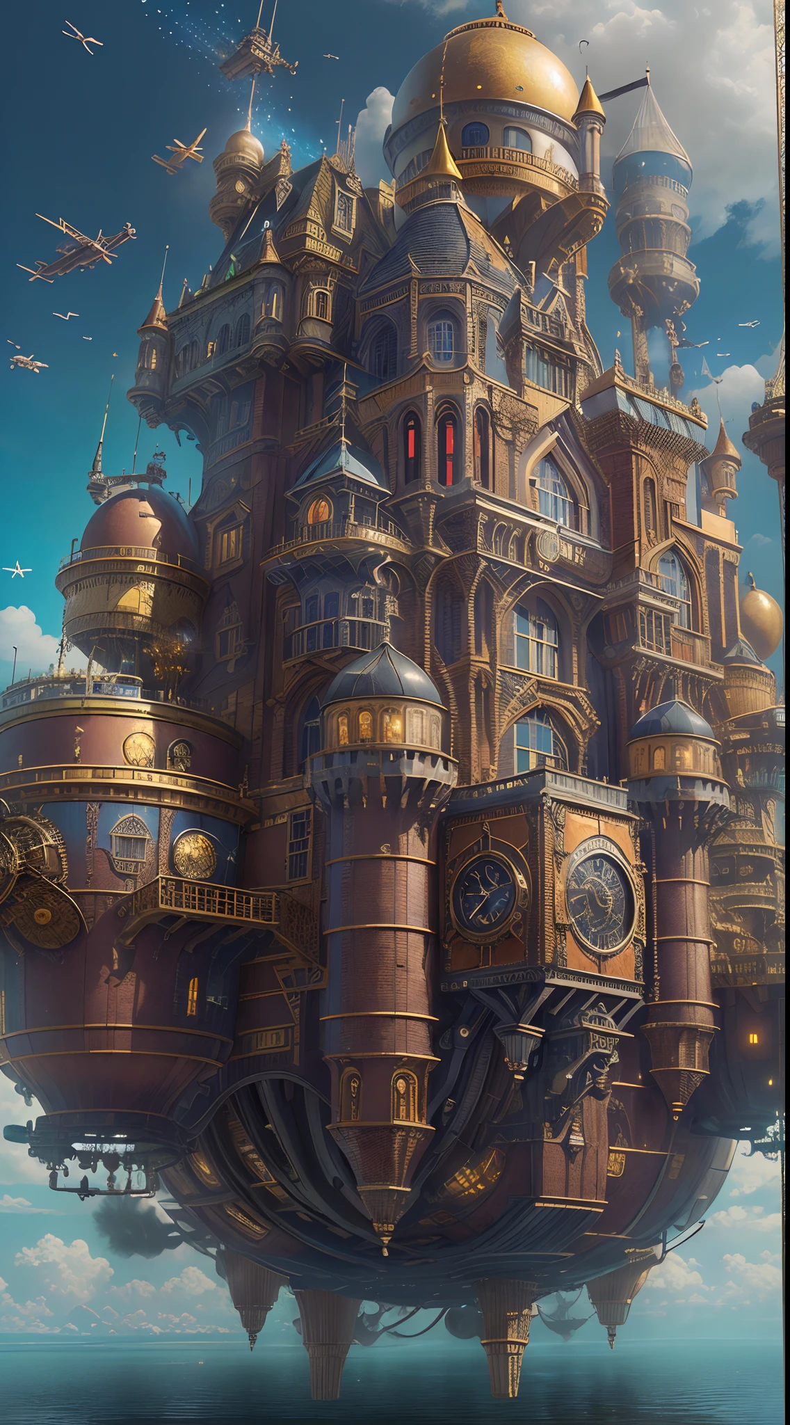 (Best quality,A high resolution,Masterpiece:1.2),Ultra-detailed,(Realistic:1.37),((Steampunk castle)),Floating in((mid-air)),((((Equipped with an extraordinary flight propulsion system)))),(Metallic texture),Vibrant colors,scifi aesthetic,intense perspective,Modern miracle,forward-thinking,Technological progress