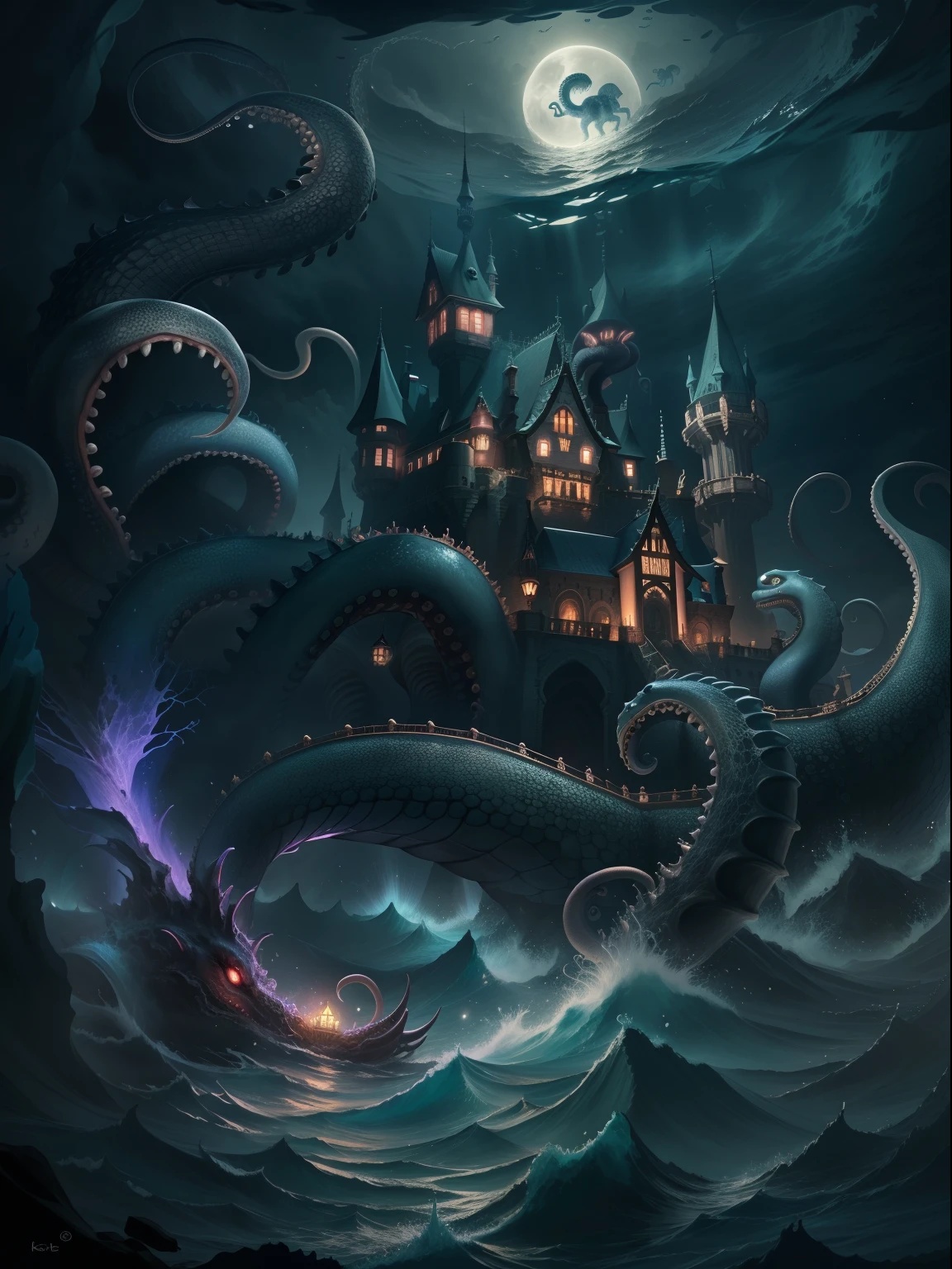 tmasterpiece：Dark castle on the move，Below is the sea monster，The sea monster holds up the castle，Sea Monster Tentacles，Octopus tentacles，the night，rays of moonlight，Magic，shock，(Look at the perspective from the bottom up)。number art，Official artistic aesthetics，k hd，8K