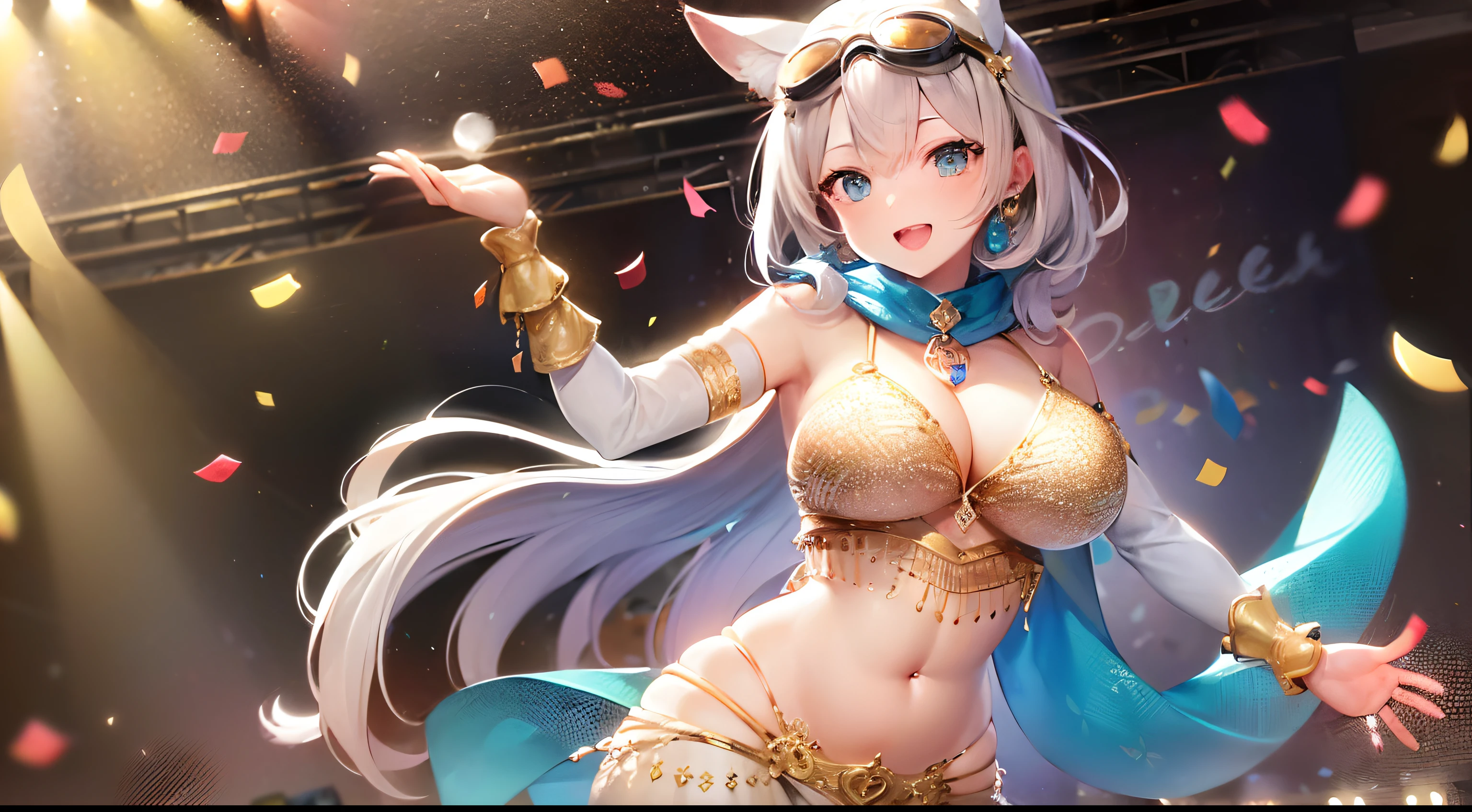 ((Belly Dance Costumes:1.5)), ((gilded outfit:1.5)), BREAK, ((high-heels)), ((Kyoto Animation Style)), super precision, masterpiece, very extremely beautiful, Princess Face, ((1 Japan Sake Girl)), ((Solo:1.5)), ((Large round lens goggles on the top of the head:1.5)), ((Big white animal ears:1.5)), ((Wear a bright blue scarf around your neck:1.5)), Big eyes, (Silver hair), (Blue eyes), ((bob cuts)), ((medium breasts)), Faint lips, Professional Lighting, (20 years old), Narrow waist, Shiny skin, Oiled skin, glistning skin, cowboy shot, Looking at Viewer, Dynamic Pose, huge smile, Open mouth, ((On stage:1.5)), Dancing hard, ((Shake your hips:1.5)), Latex, angry, (Dutch Angle), ((Large amount of confetti:1.5)), frombelow,