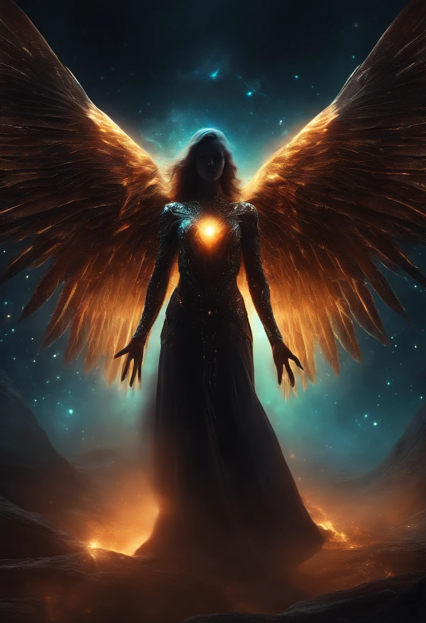 Cosmic Fallen Angel, glowing light eyes, Biomechanical, eerie, Creepy, nightmarish, Very bright colors, Light particles, with light glowing, Mshiff, wallpaper art, UHD wallpaper