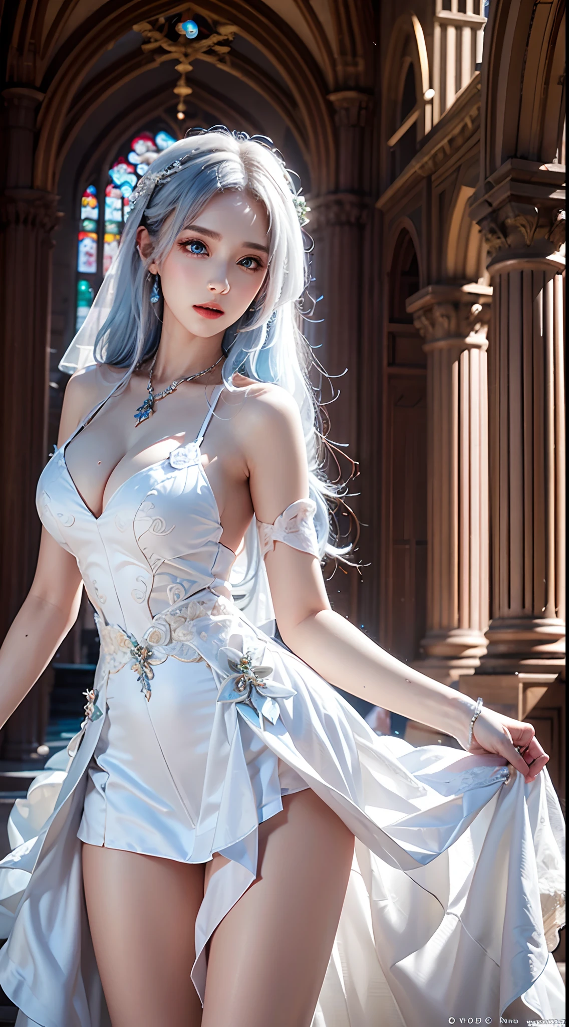 photorealistic, high resolution, soft lights, 1women, solo, hips up, (blue eyes, long hair, white hair), wedding dress, bridal dress, ([luxury tuxedo: :12][:wedding dress:7]:1.4), (adult face:1.3), indoors, bangs,necklace, large breasts, (cathedral, wedding:1.2),